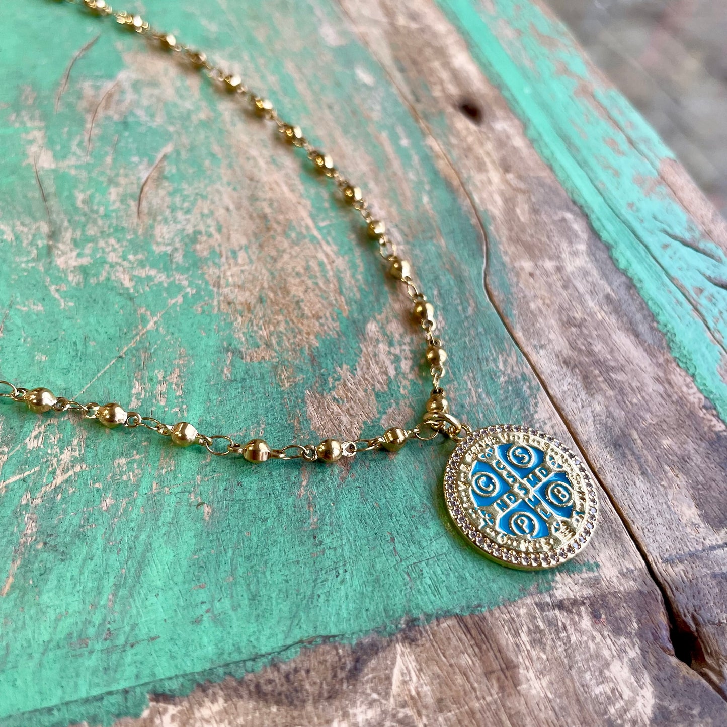 Turquoise St Benedict Ball Chain Necklace