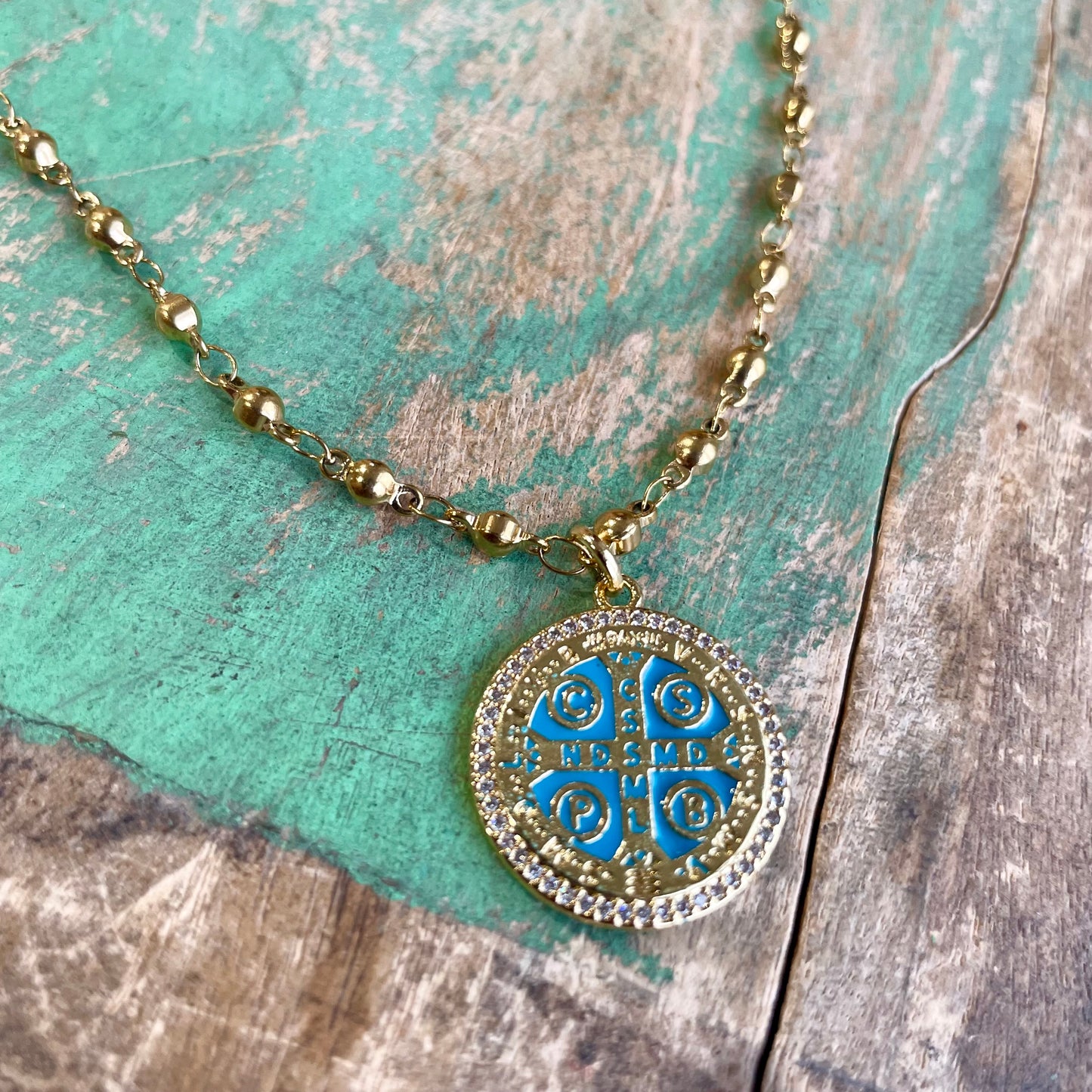 Turquoise St Benedict Ball Chain Necklace