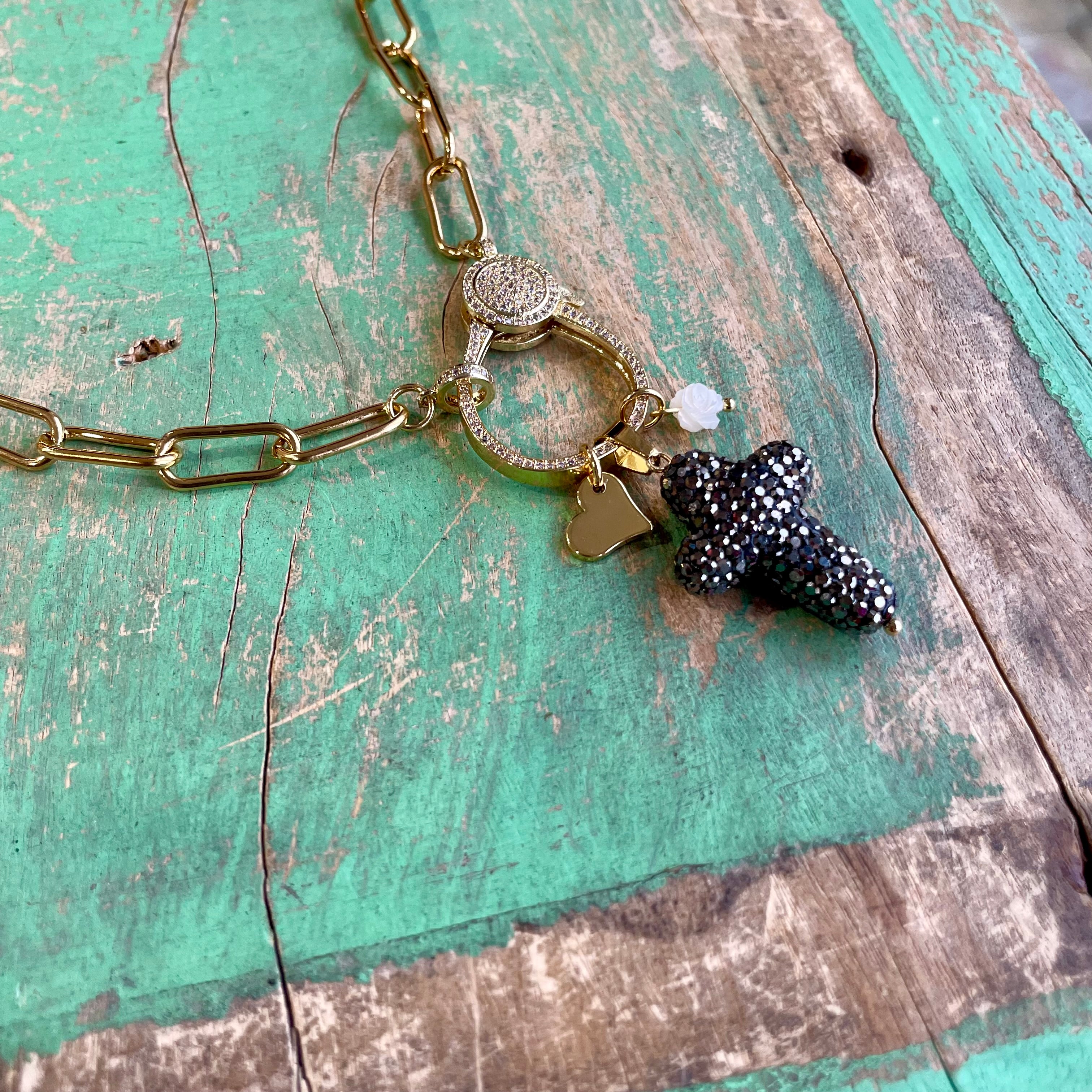 Chunky Gold Paperclip Chain with Pave Clasp and Cross