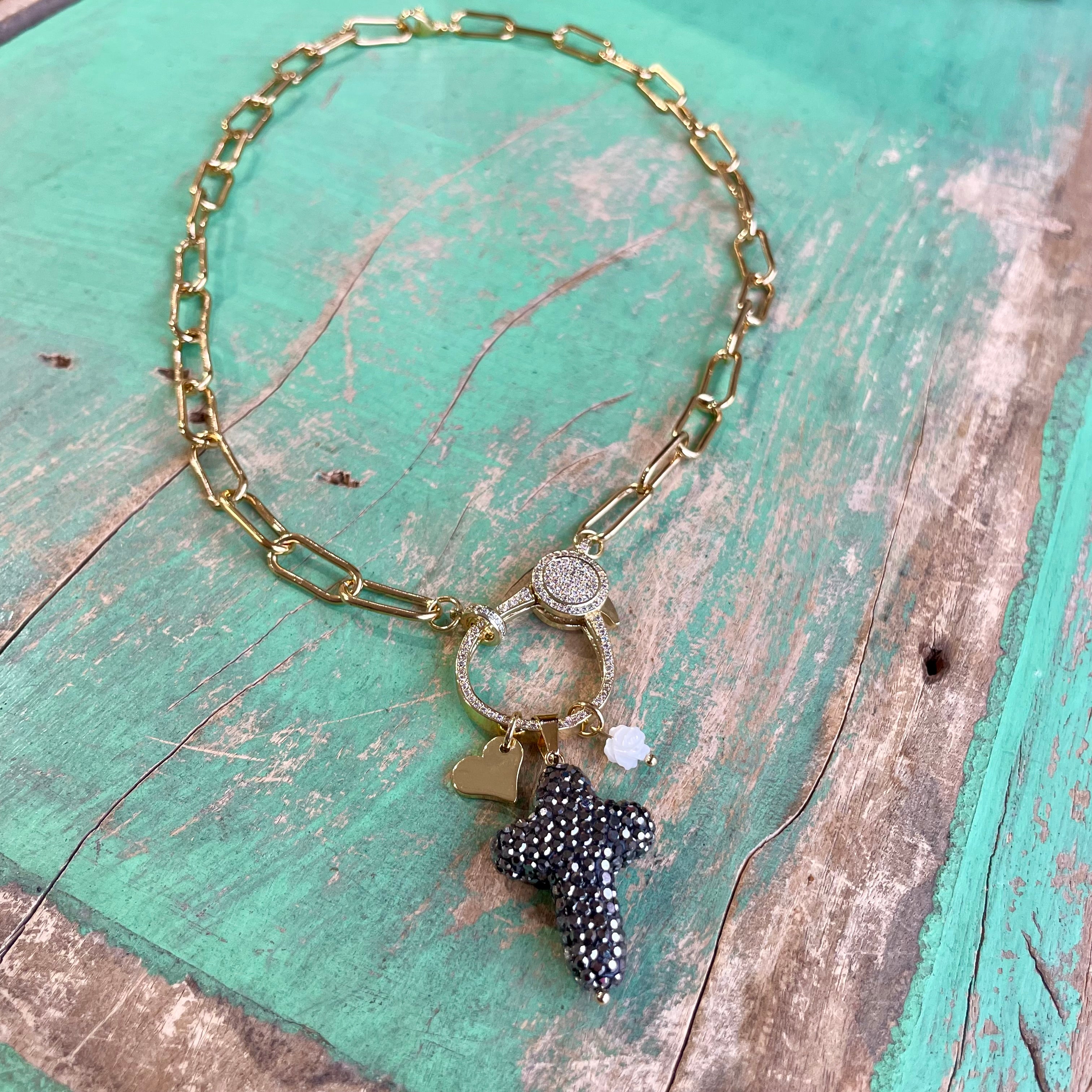 Chunky Gold Paperclip Chain with Pave Clasp and Cross