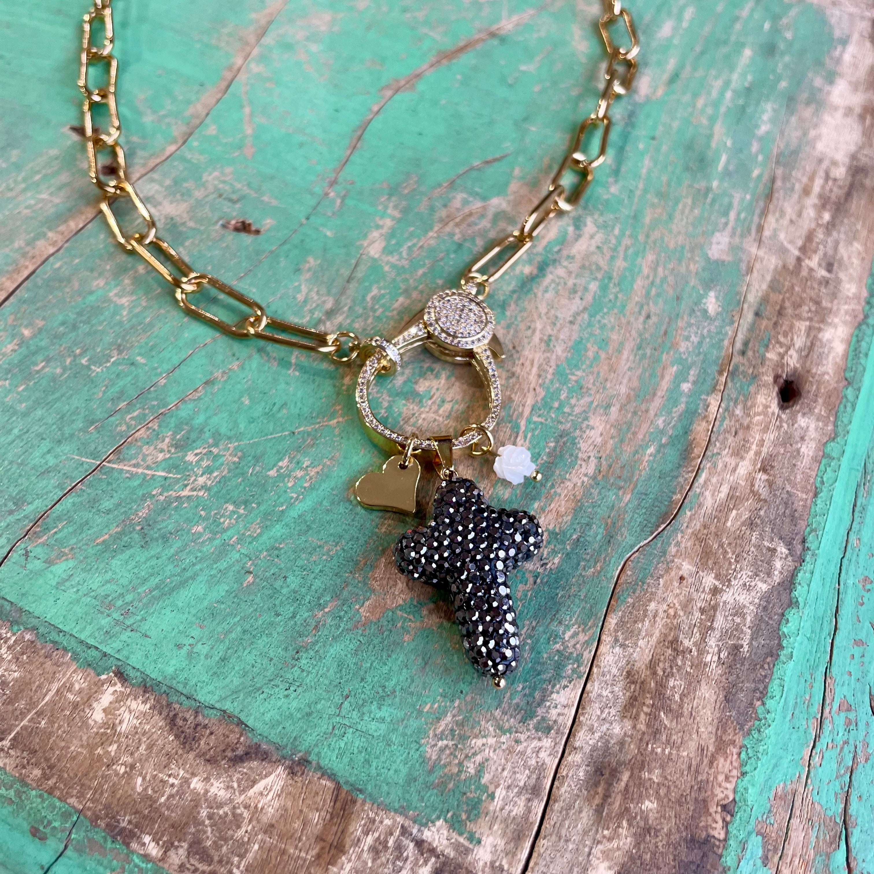 Chunky Gold Paperclip Chain with Pave Clasp and Cross