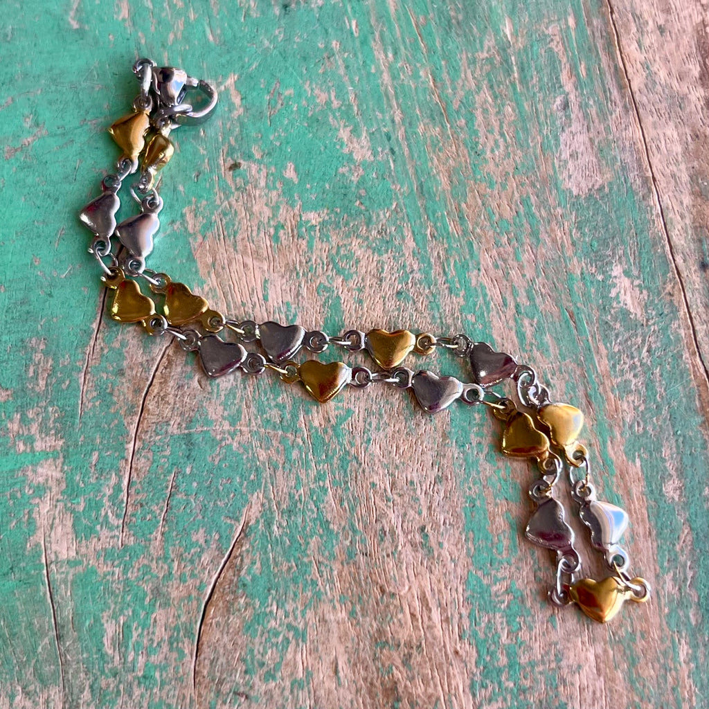 Solid Linked Two Toned Hearts Chain Bracelet or Necklace