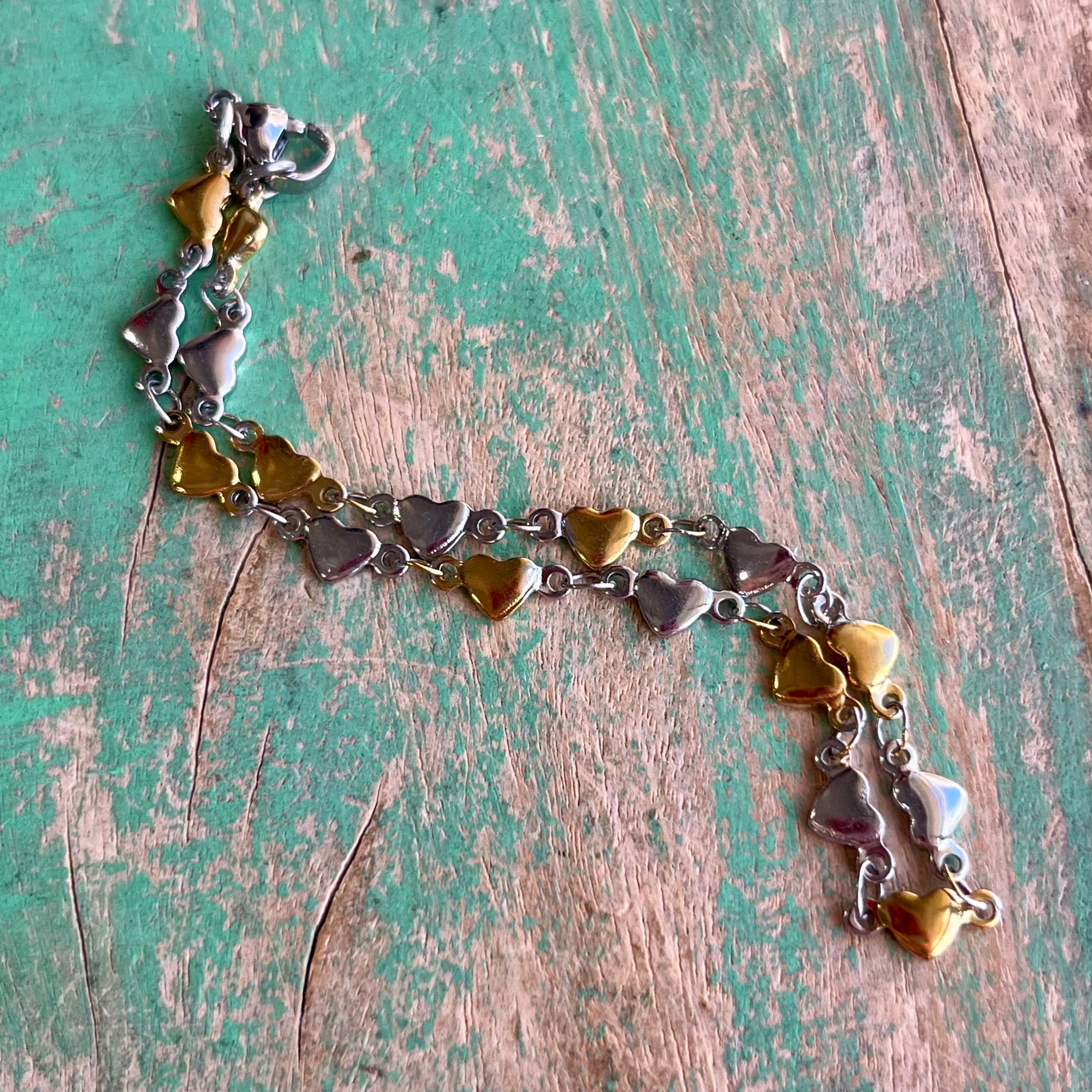 Solid Linked Two Toned Hearts Chain Bracelet or Necklace