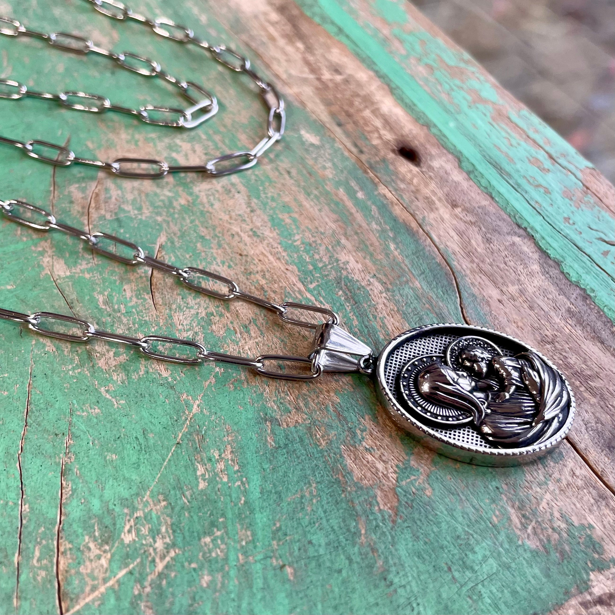 Long Paperclip Madonna and Child Necklace