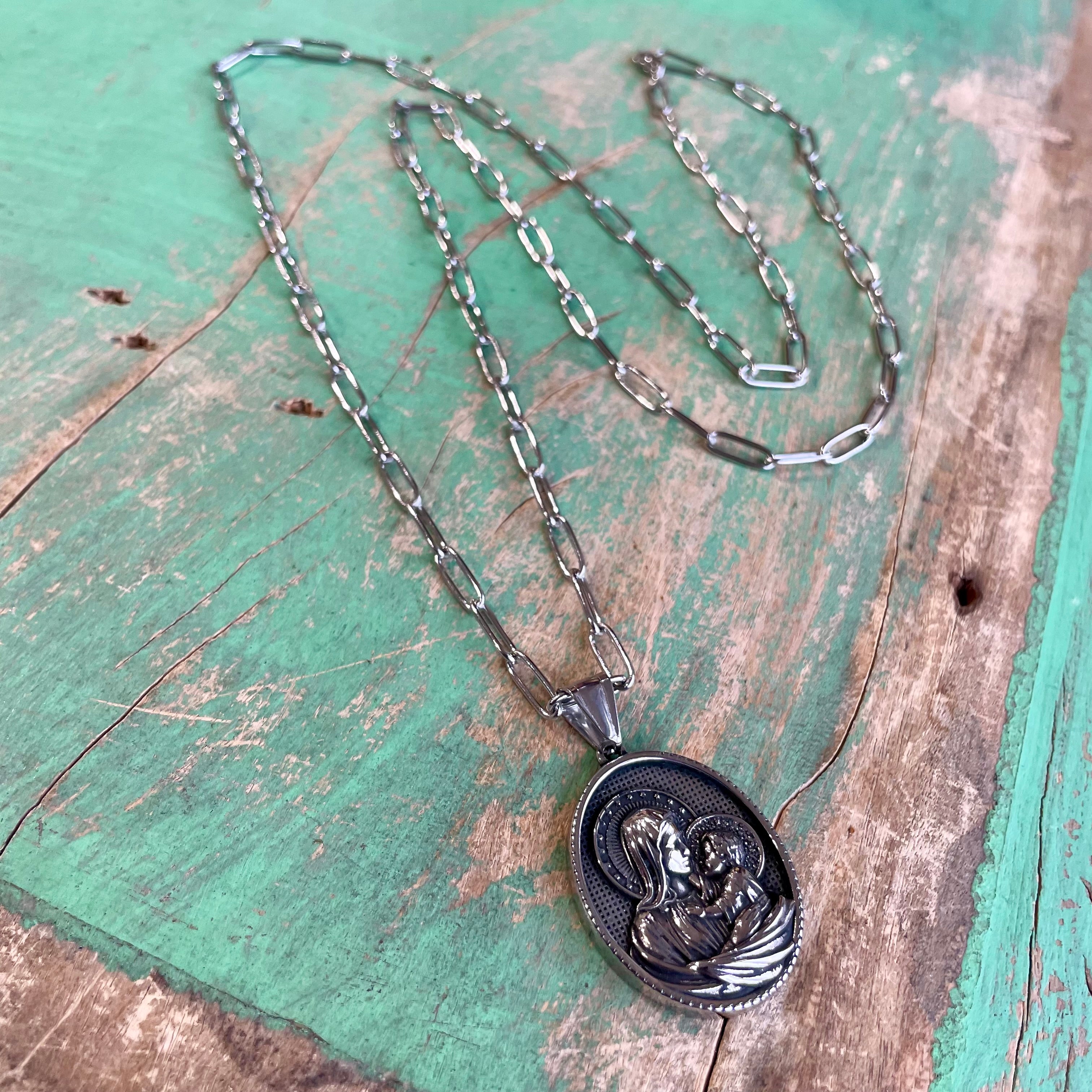 Long Paperclip Madonna and Child Necklace
