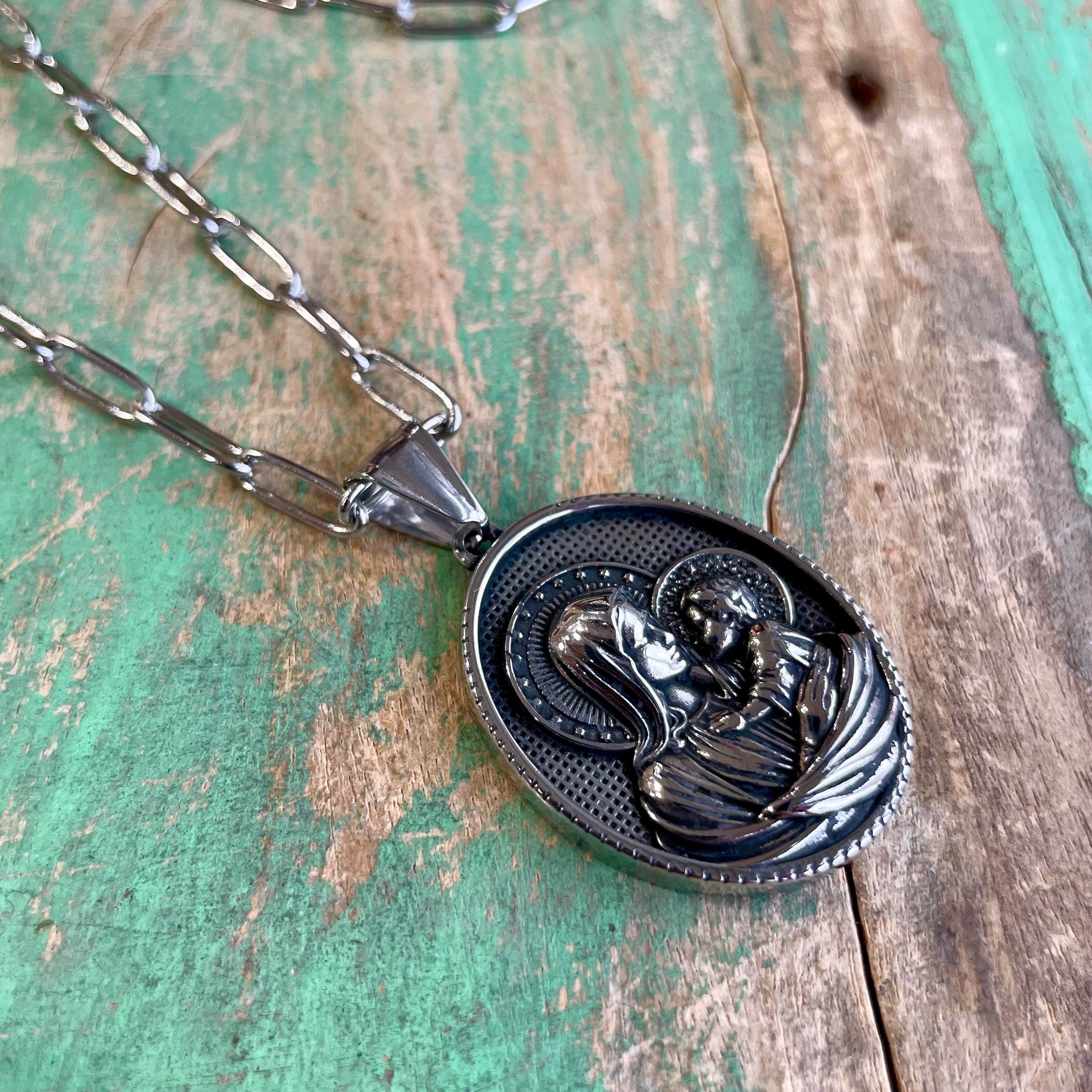 Long Paperclip Madonna and Child Necklace