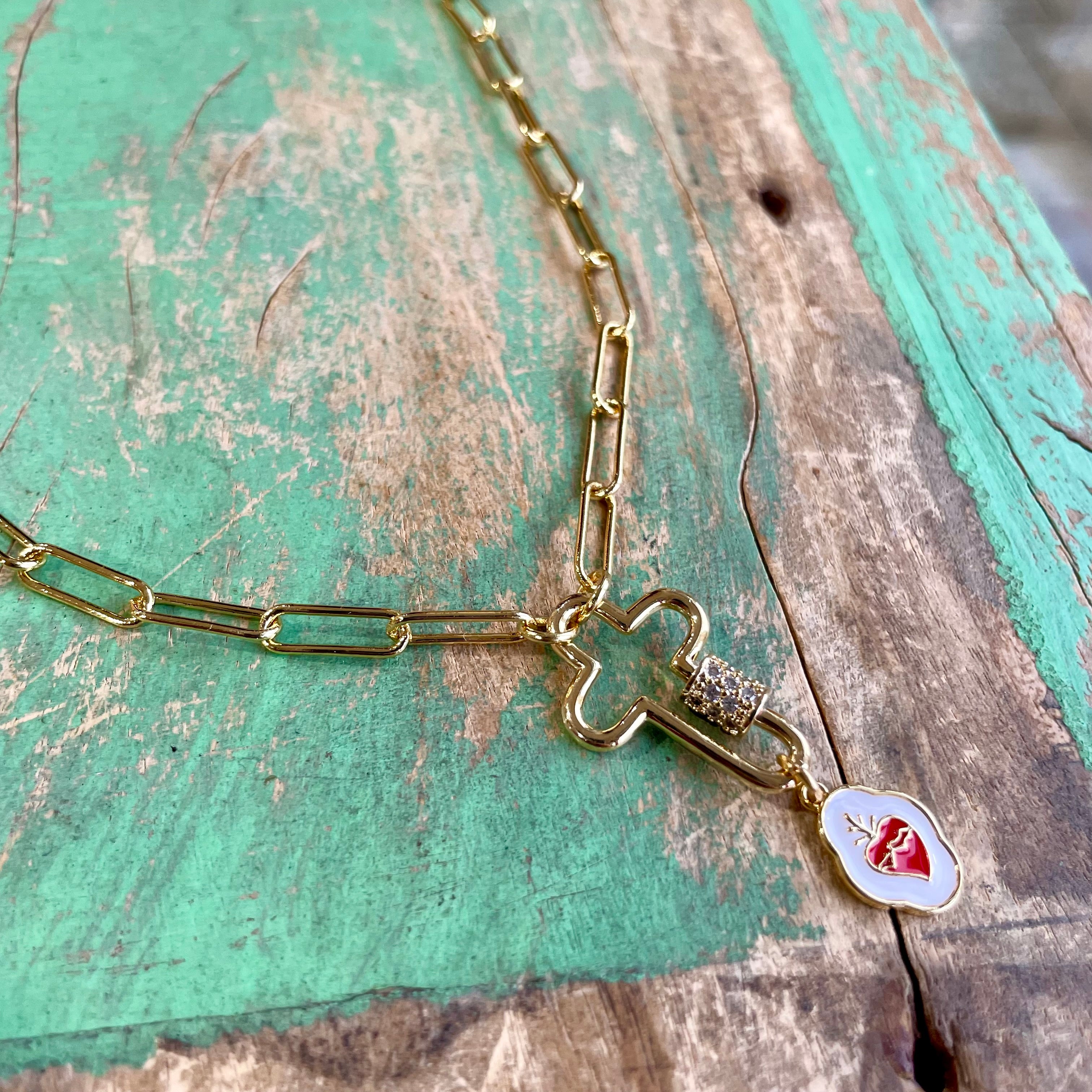 Sacred Heart Cross Locket Paperclip Necklace