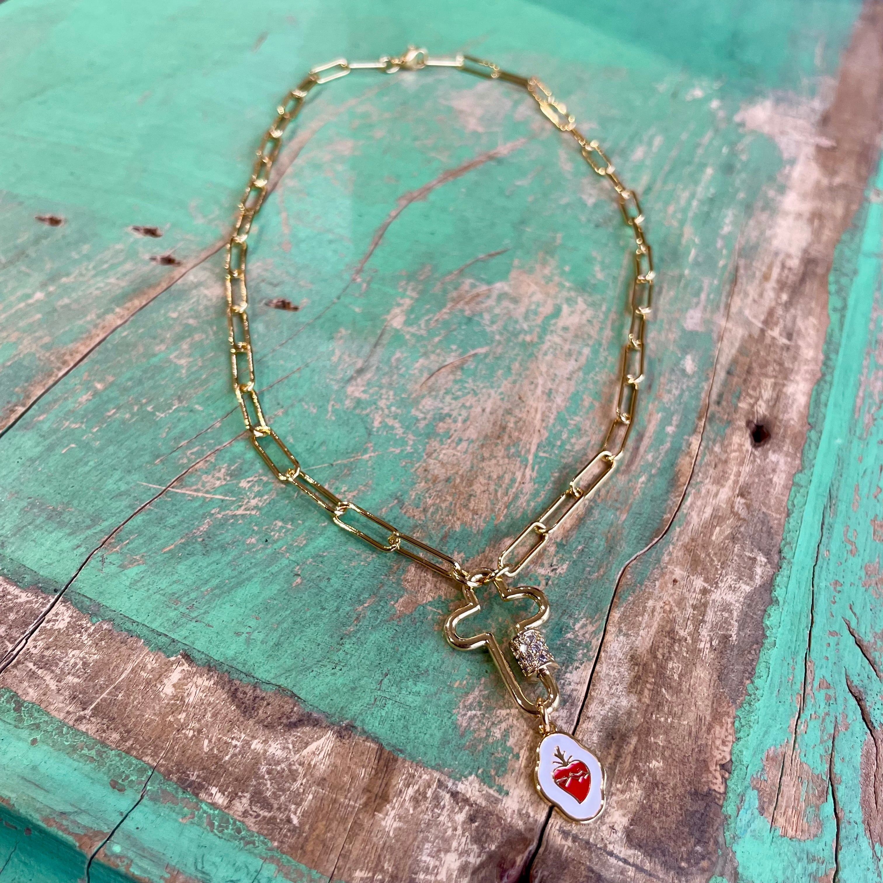 Sacred Heart Cross Locket Paperclip Necklace