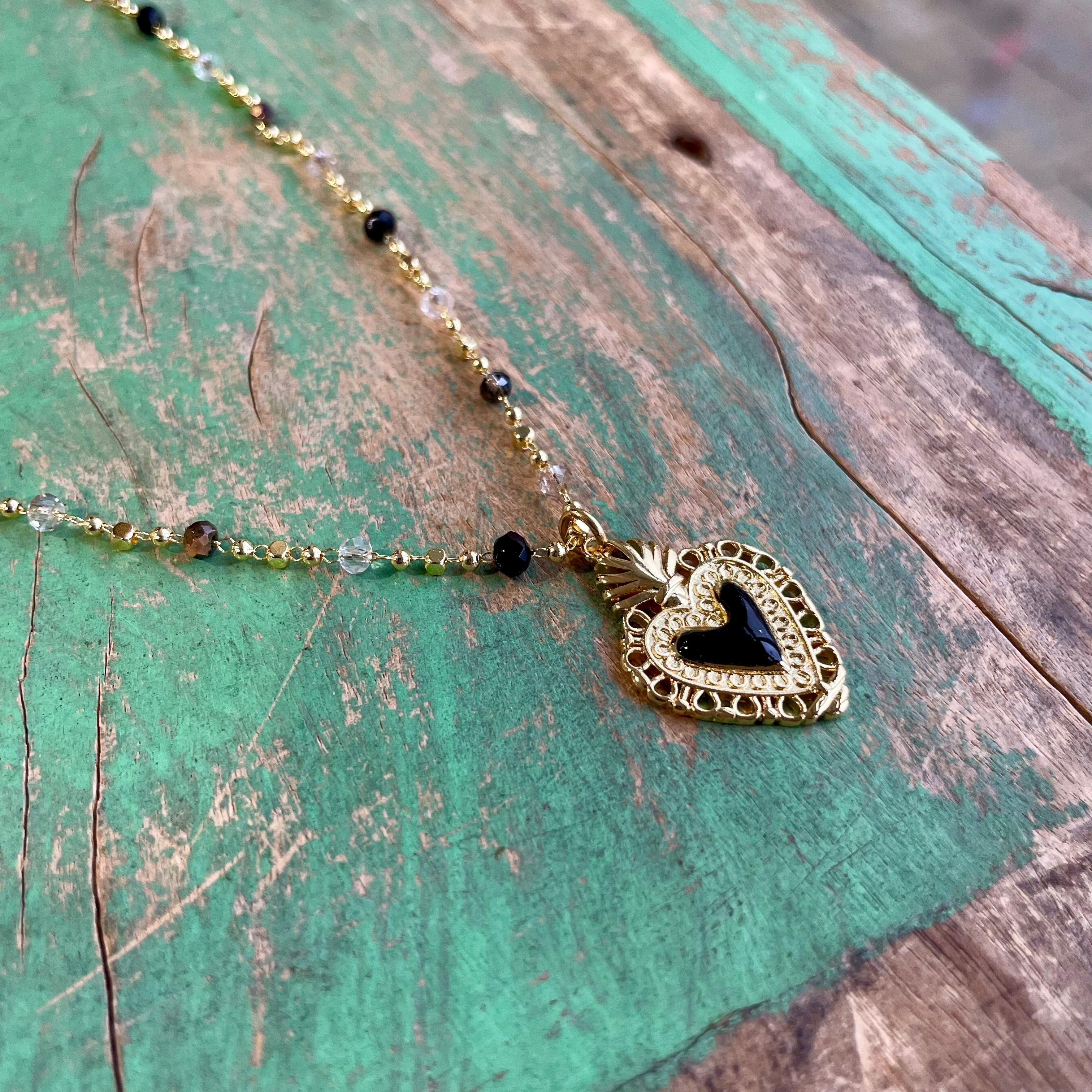 Enamel Sacred Heart on Crystal Necklace