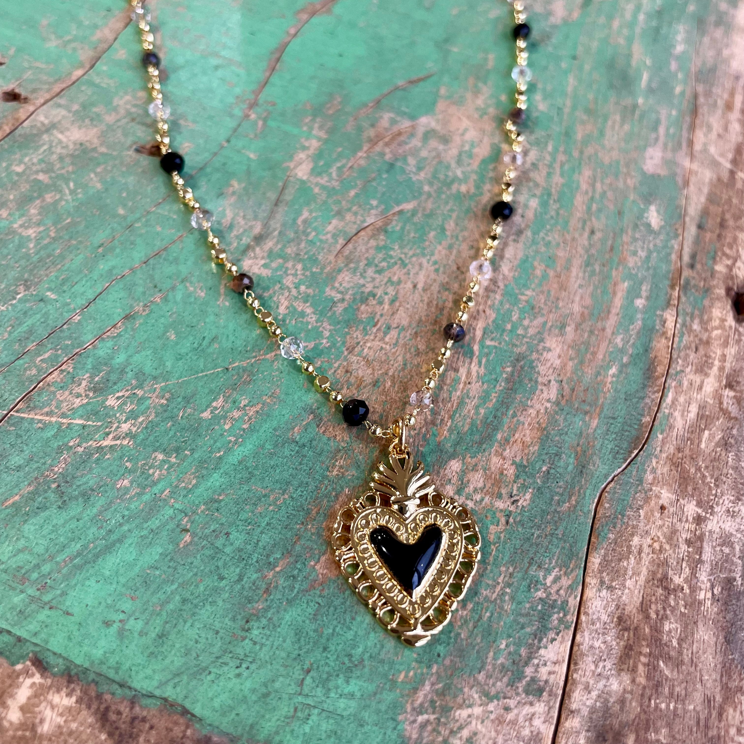 Enamel Sacred Heart on Crystal Necklace