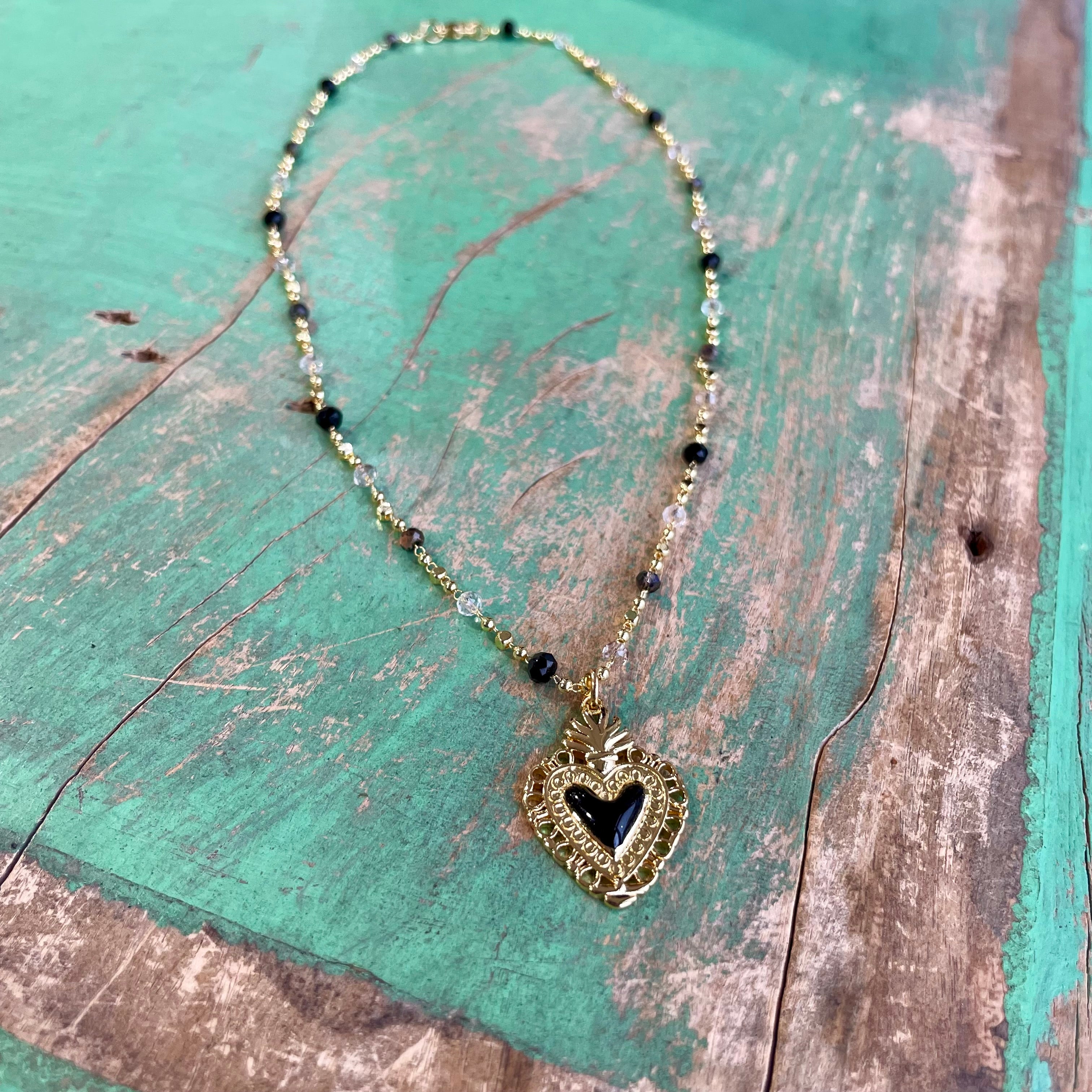 Enamel Sacred Heart on Crystal Necklace