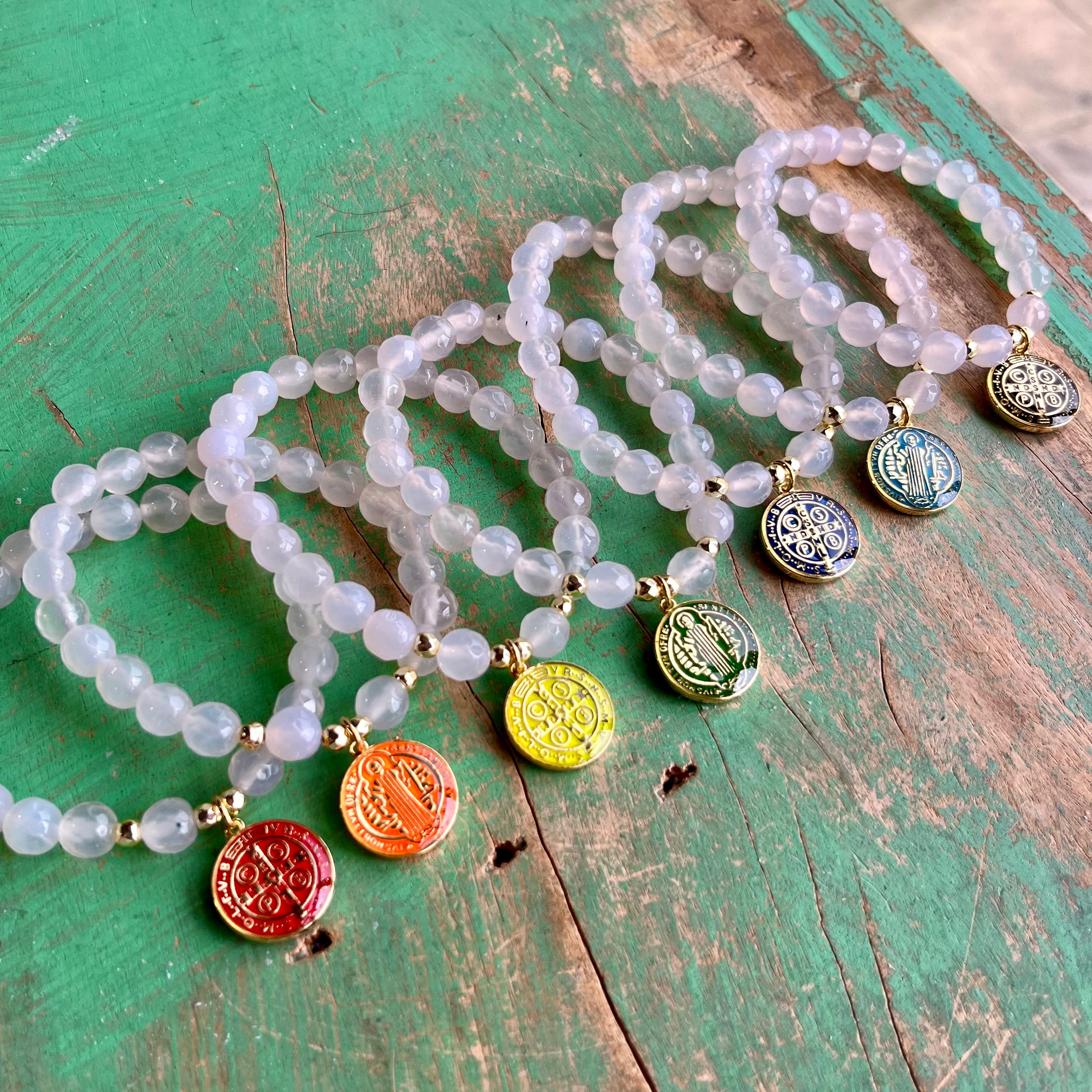 Colorful Enamel St Benedict White Agate Bracelet