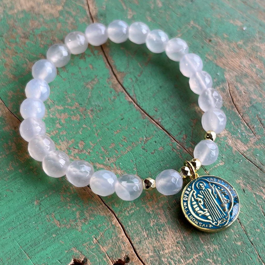 Colorful Enamel St Benedict White Agate Bracelet