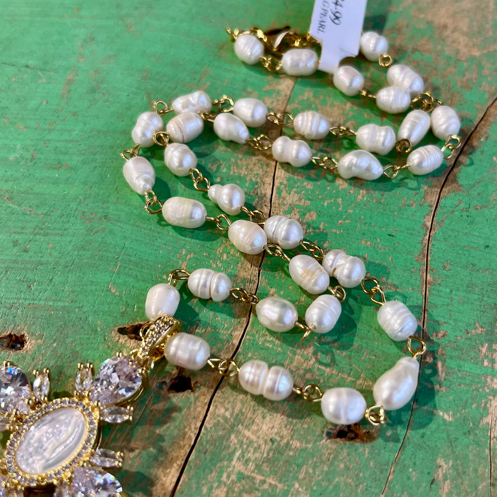 Cubic Zirconia Our Lady of Guadalupe Cross Pearl Necklace