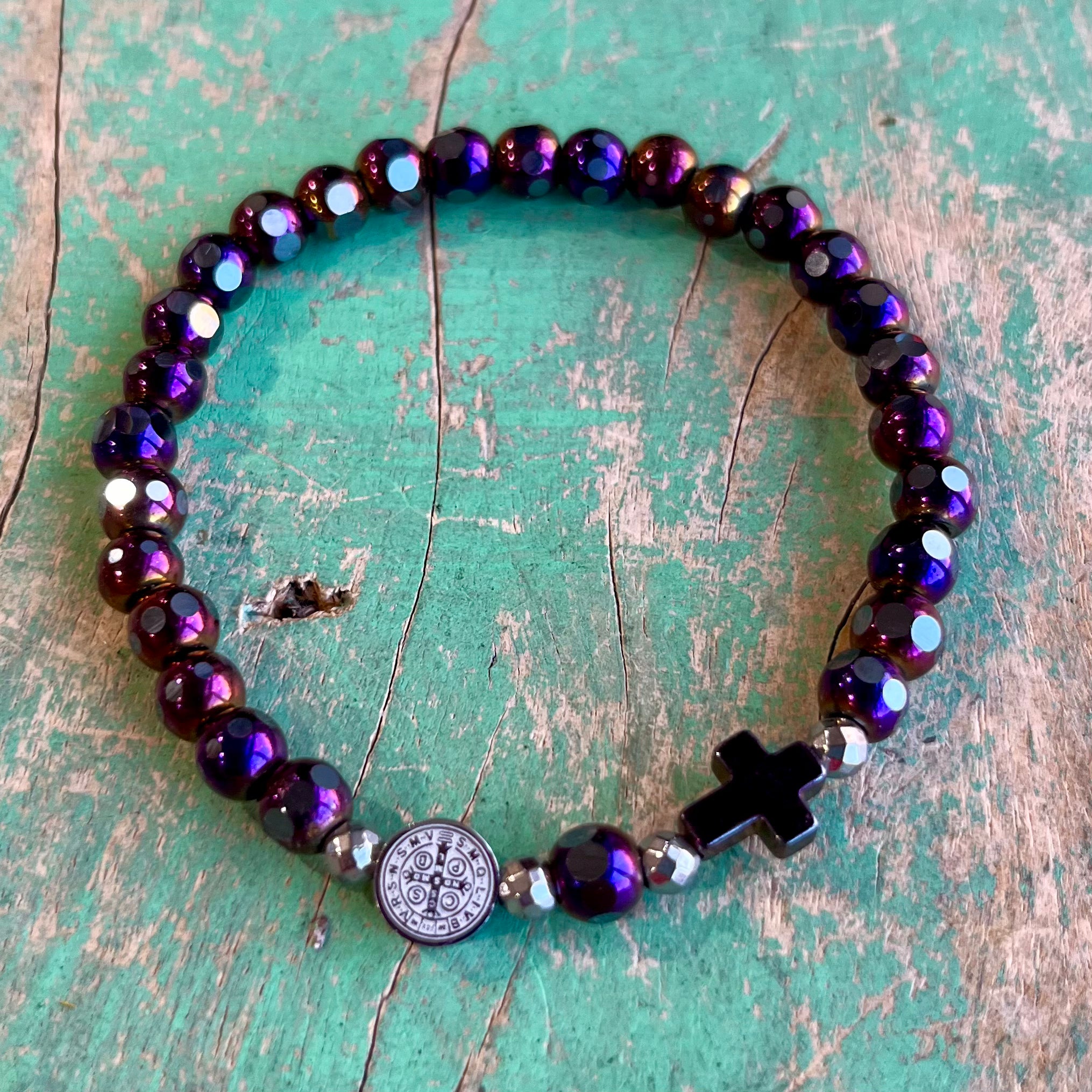Hematite St Benedict and Cross Bracelet