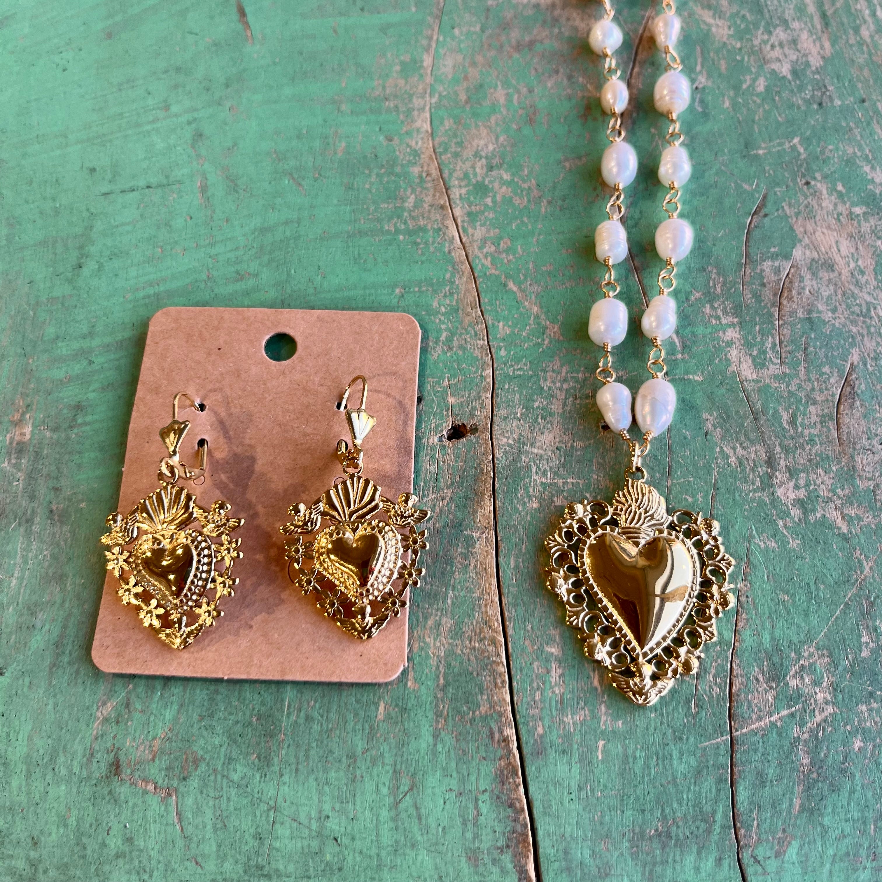 Angel Sacred Heart Freshwater Pearl Necklace or Earrings