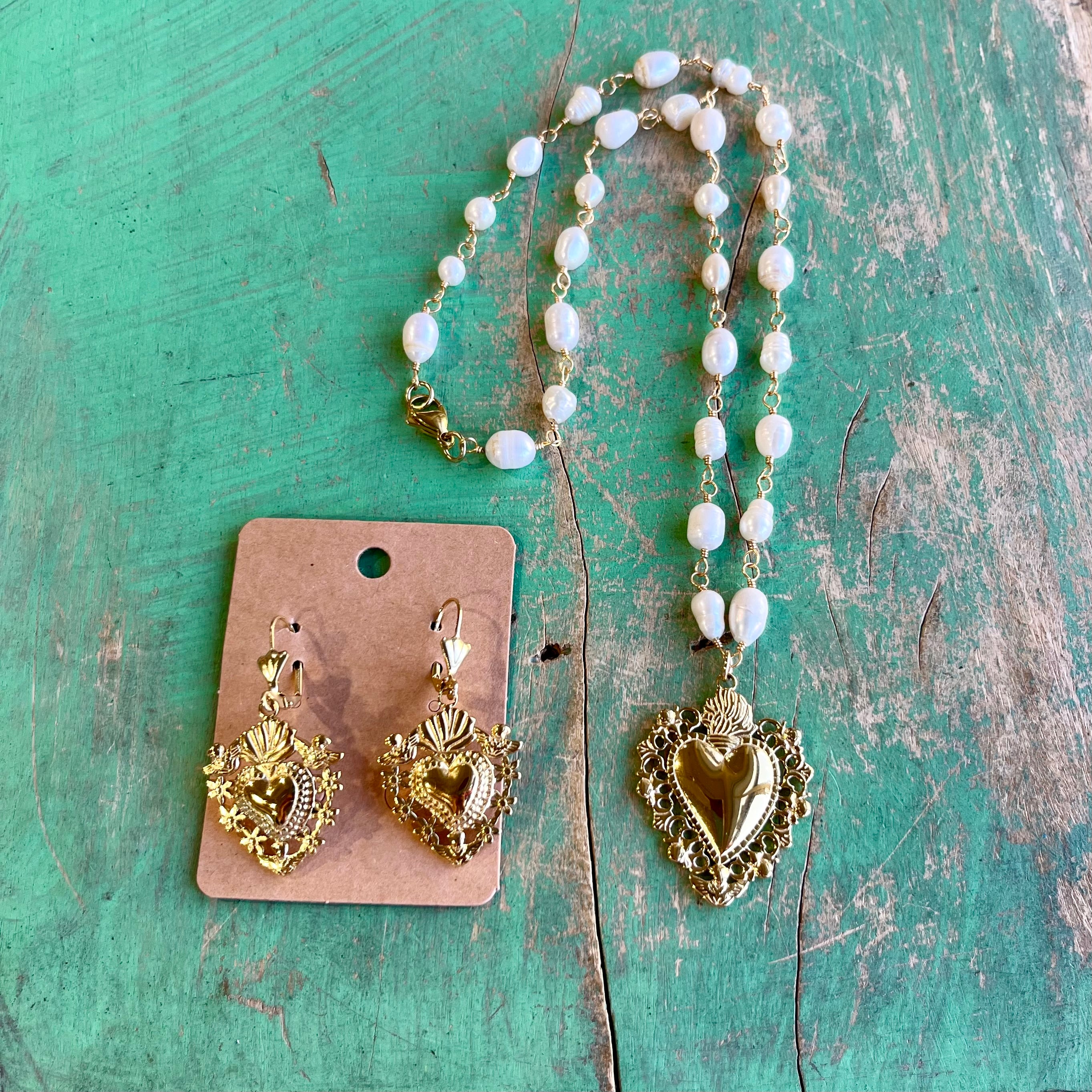 Angel Sacred Heart Freshwater Pearl Necklace or Earrings