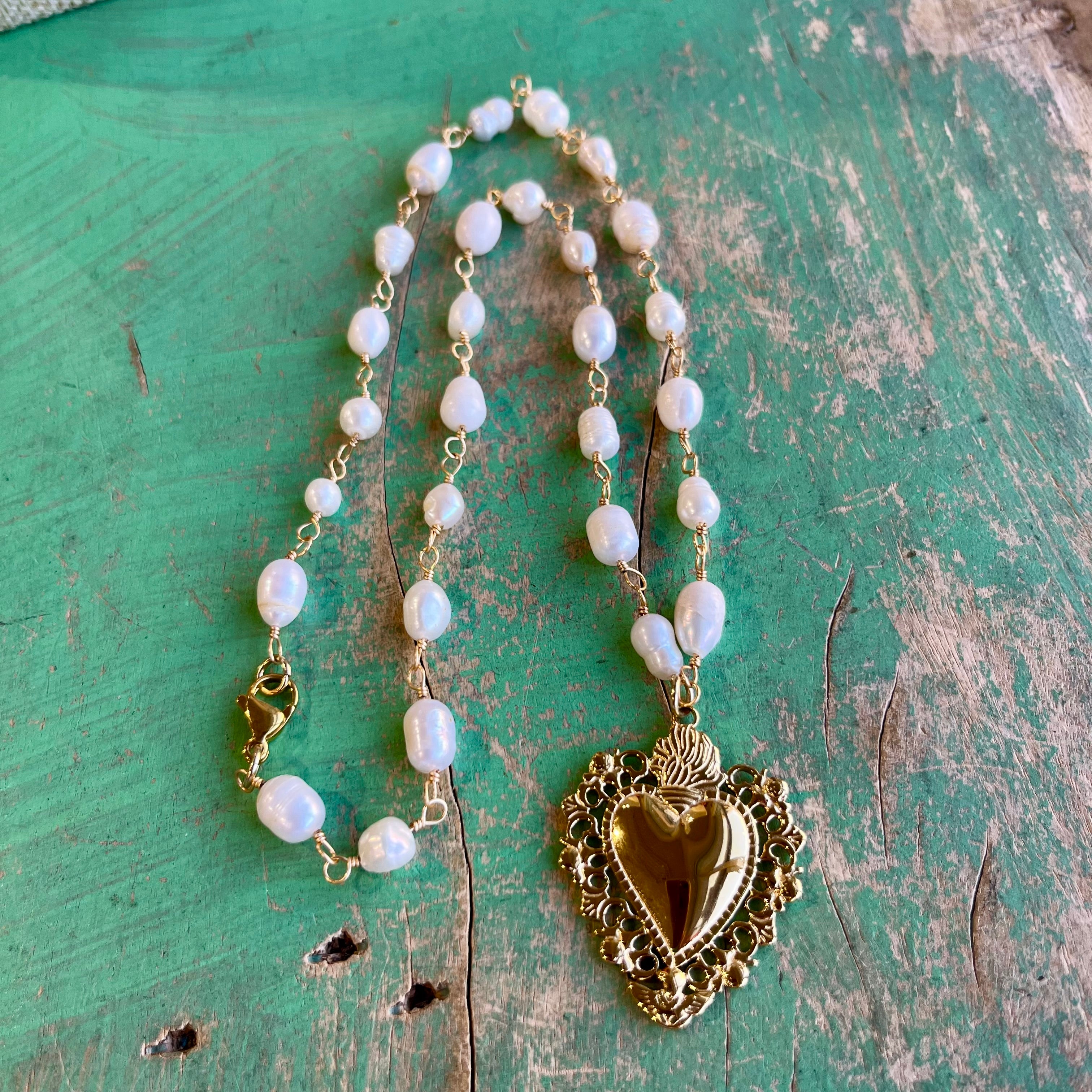 Angel Sacred Heart Freshwater Pearl Necklace or Earrings
