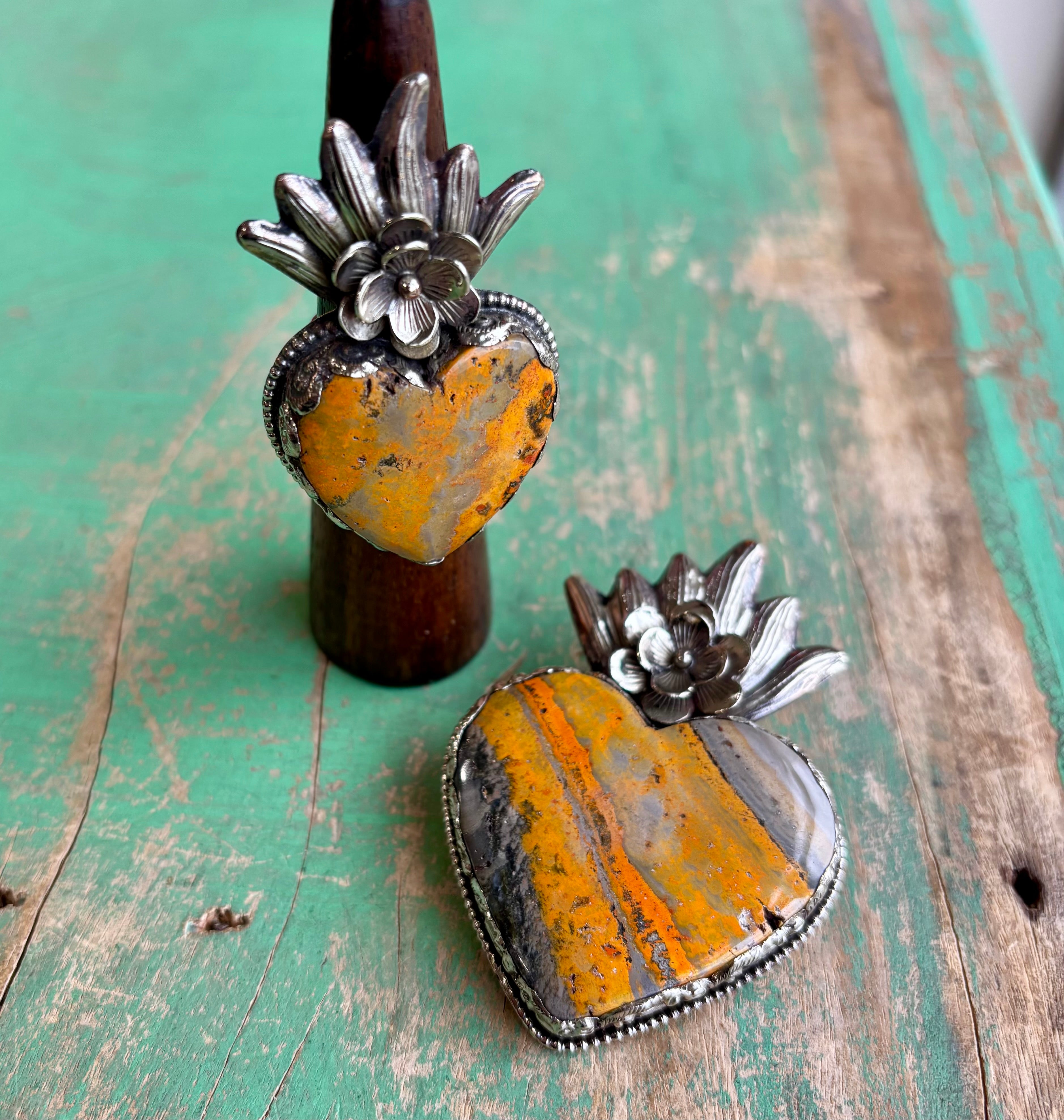 Bumble Bee Jasper Flaming Sacred Heart Necklace or Ring