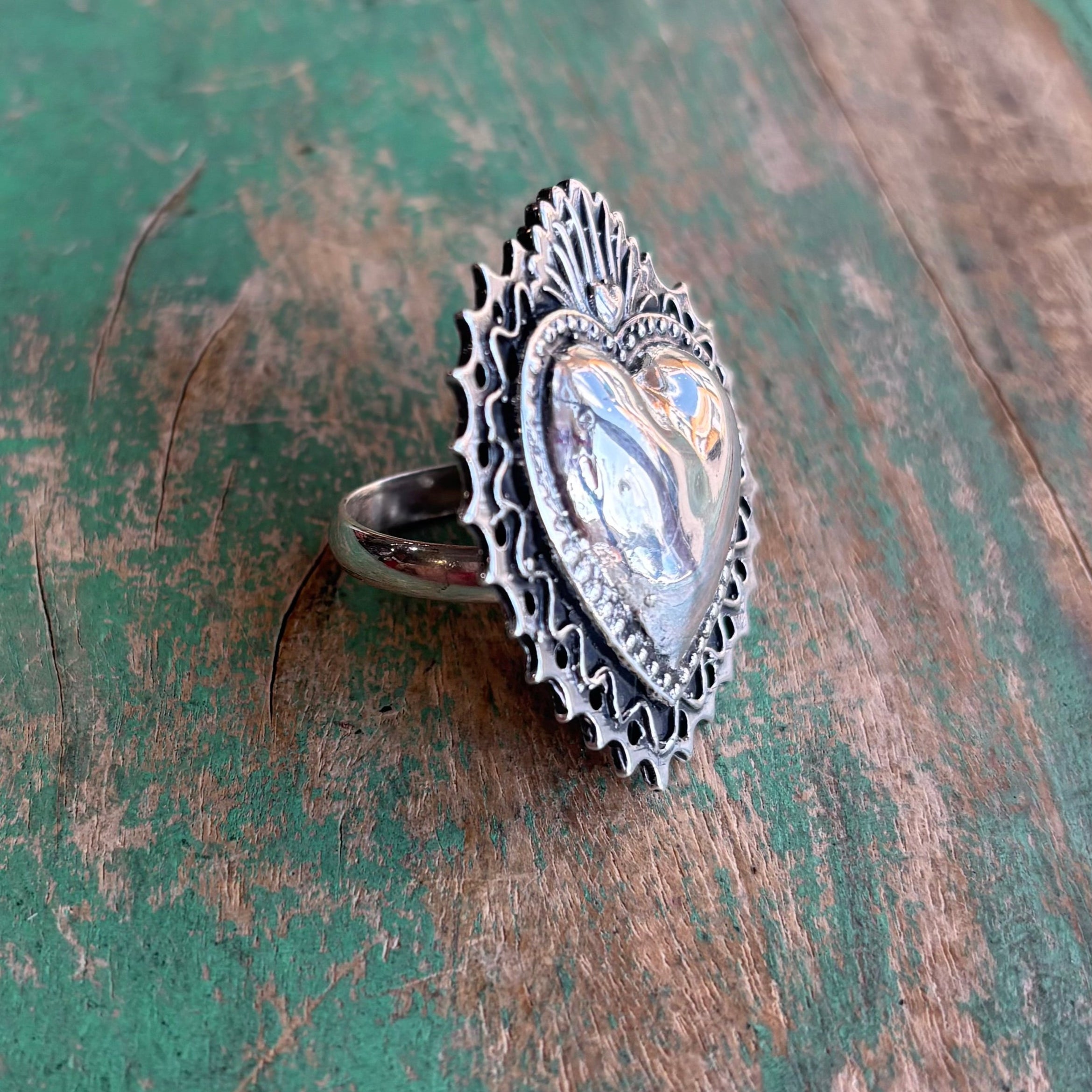 Sterling Silver Big Flaming Sacred Heart Adjustable Ring