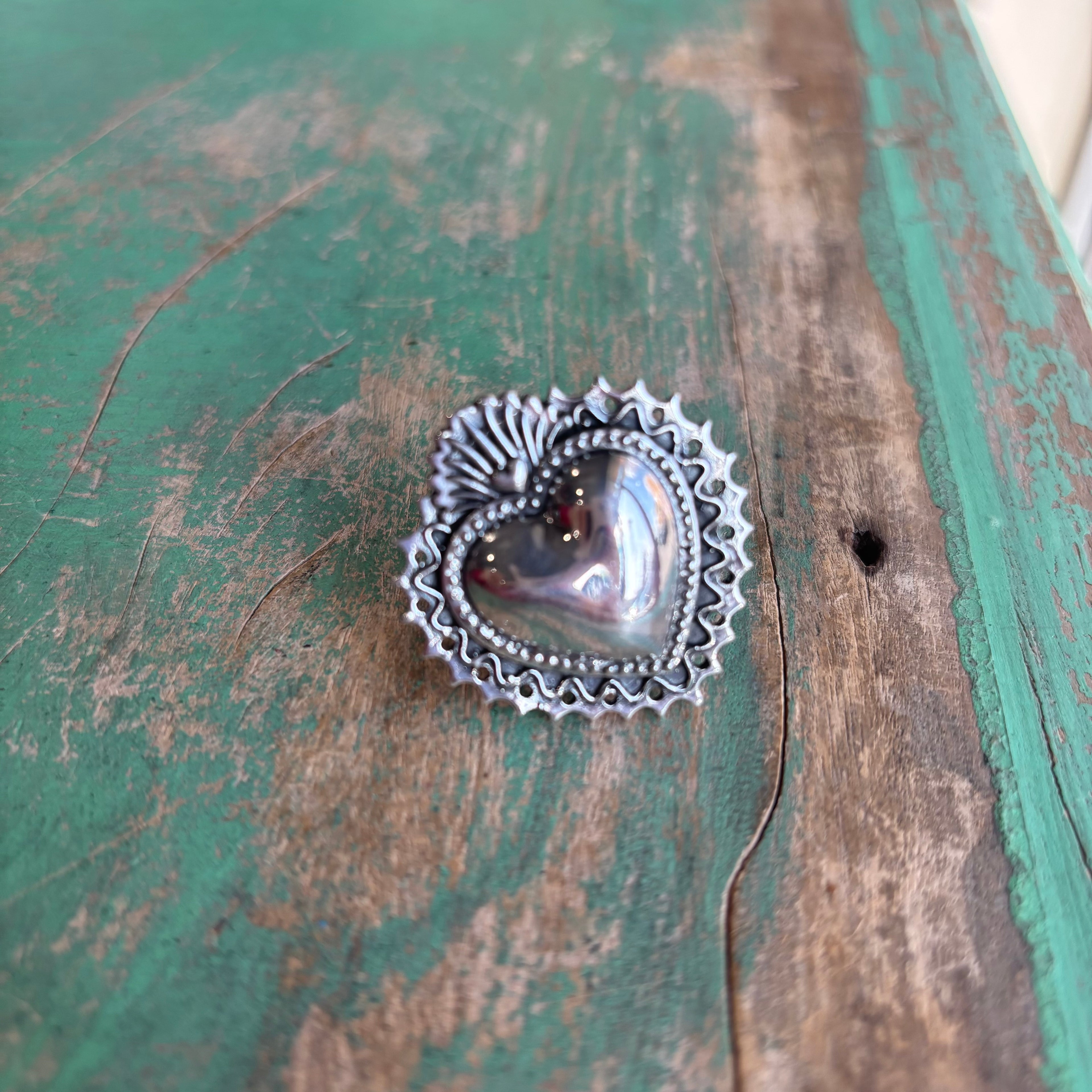 Sterling Silver Big Flaming Sacred Heart Adjustable Ring
