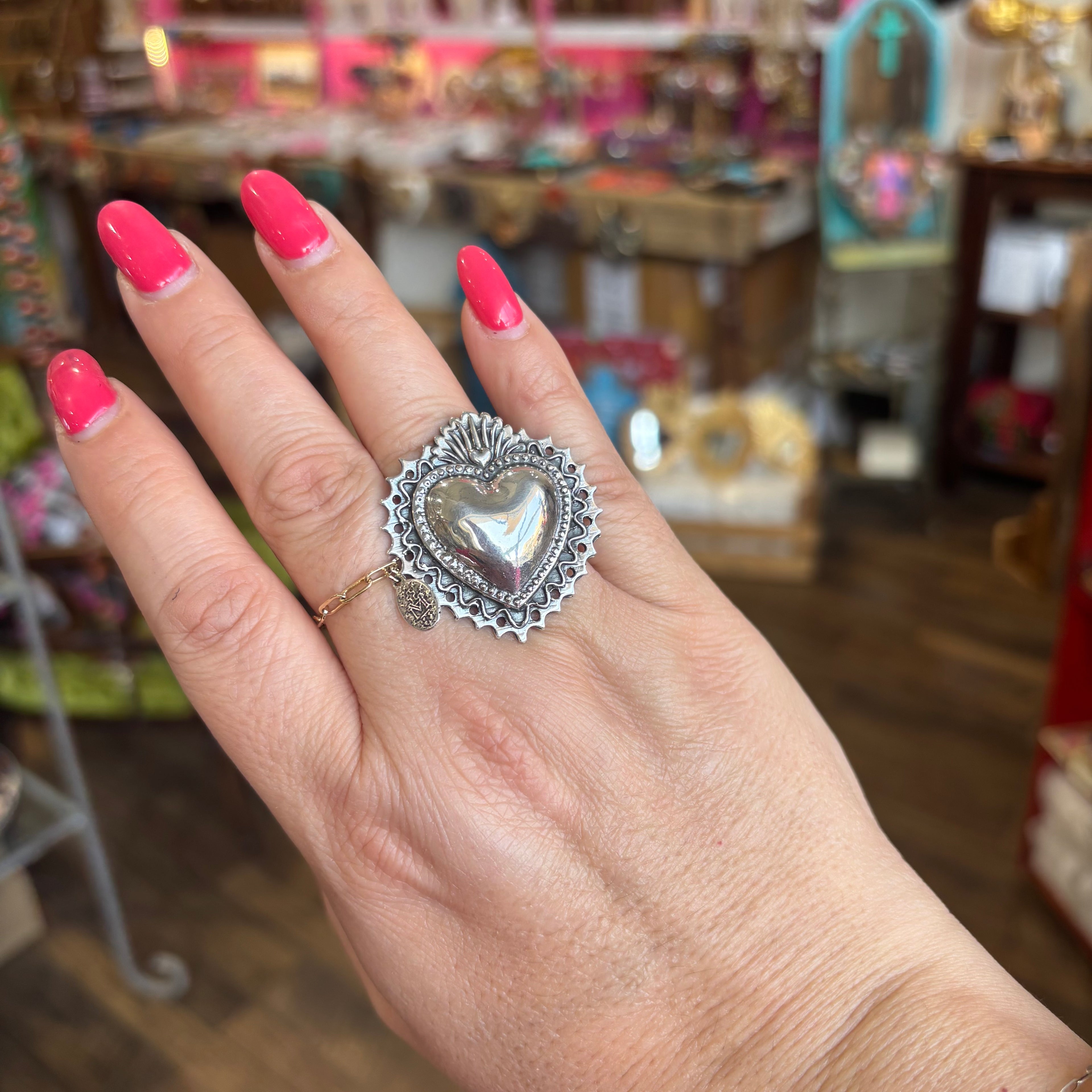 Sterling Silver Big Flaming Sacred Heart Adjustable Ring