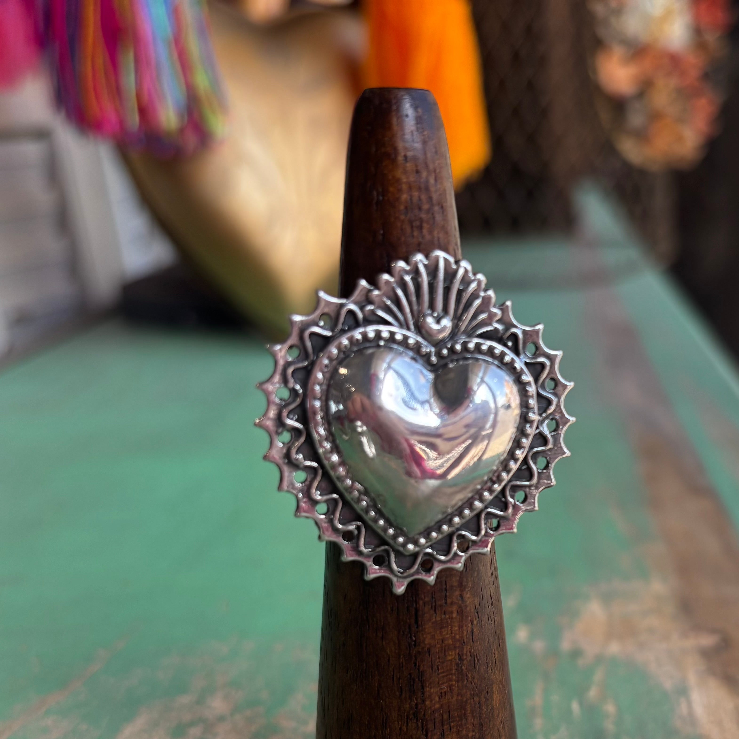 Sterling Silver Big Flaming Sacred Heart Adjustable Ring