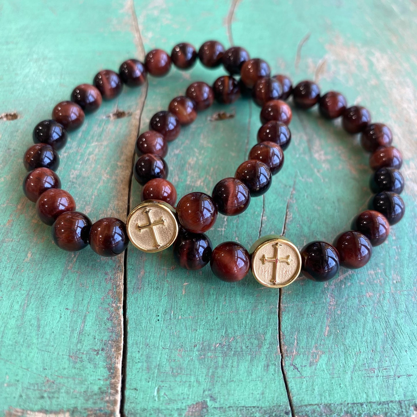 His & Hers Cherry Brown Tiger Eye Cross Bracelet