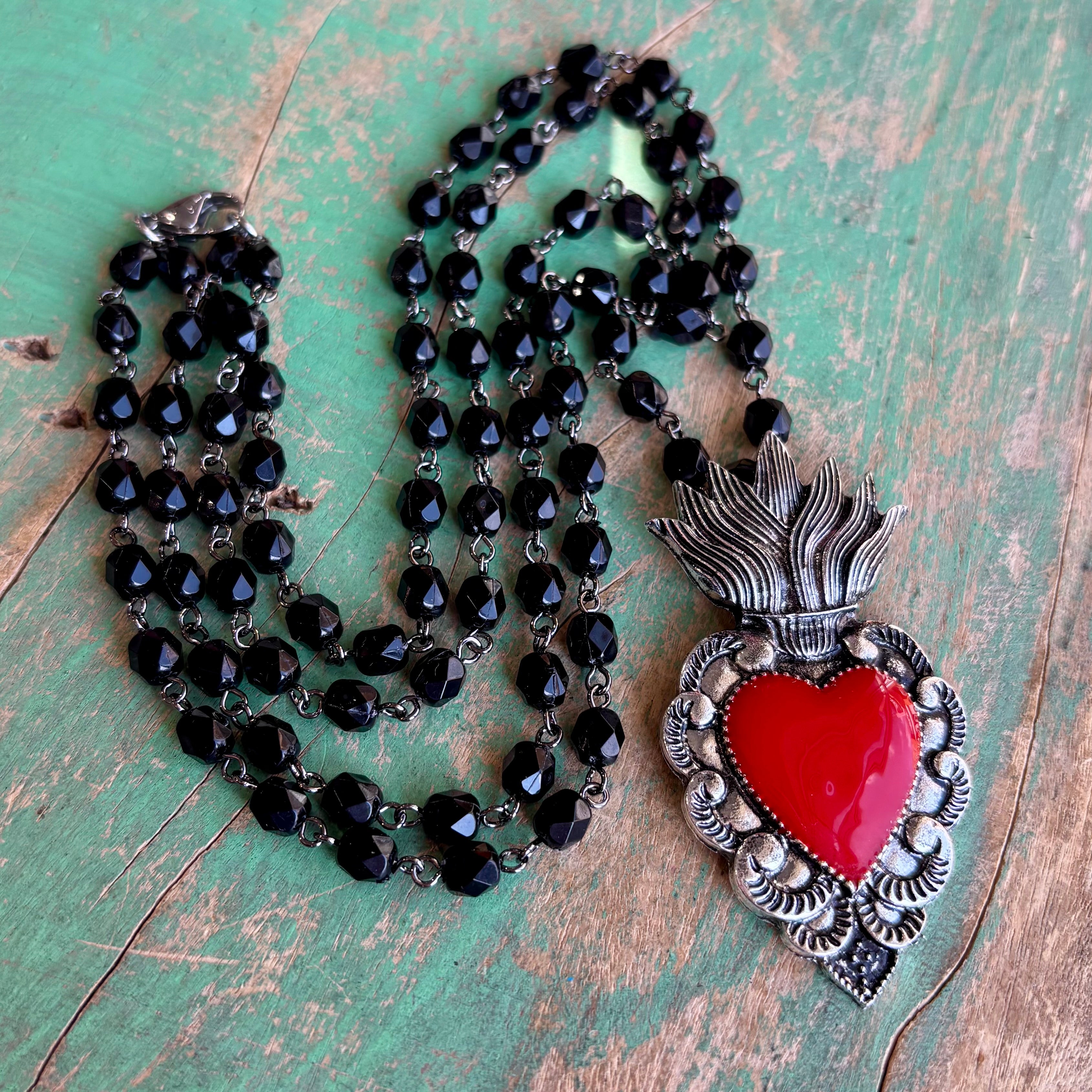 Red Flaming Sacred Heart Necklace or Earrings