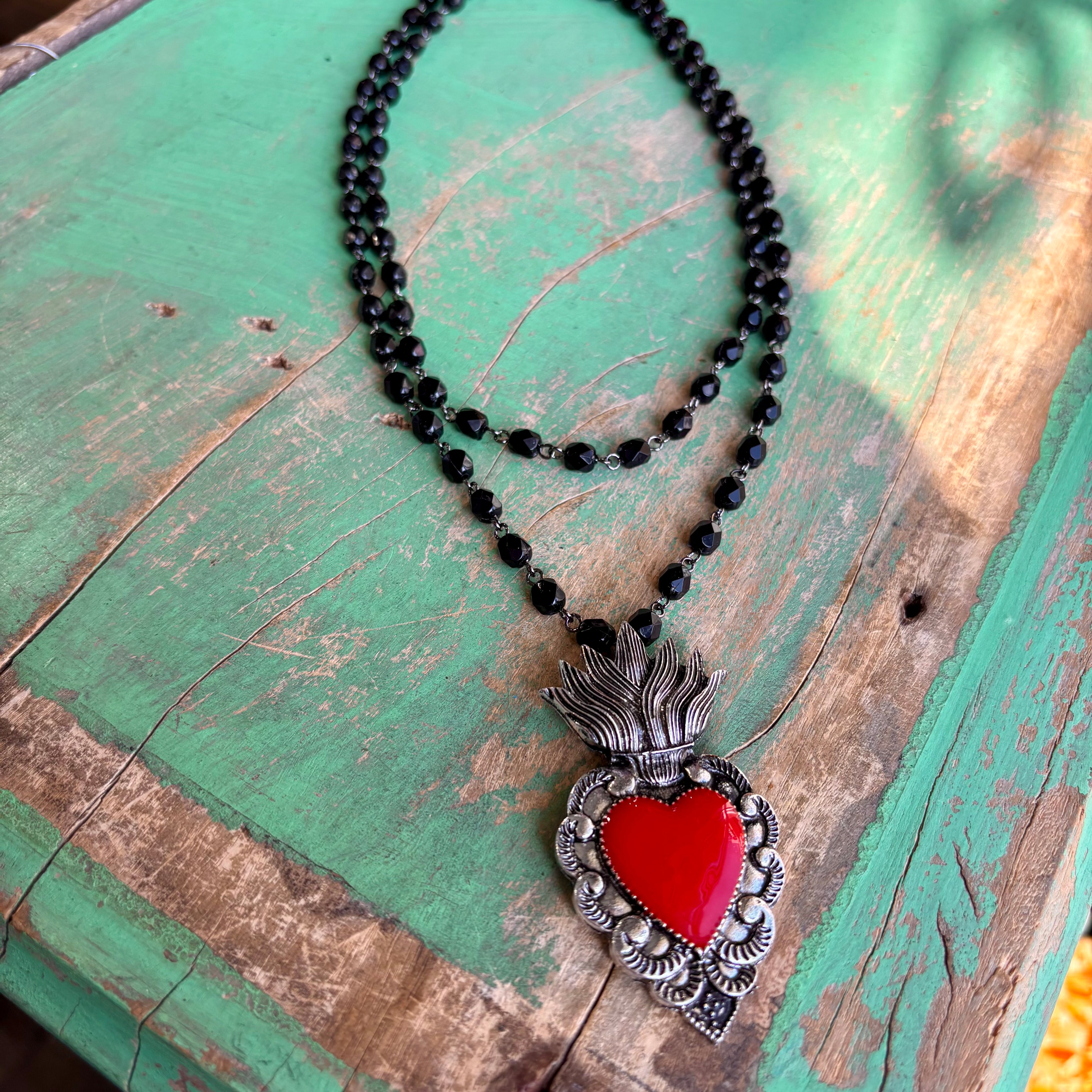 Red Flaming Sacred Heart Necklace or Earrings