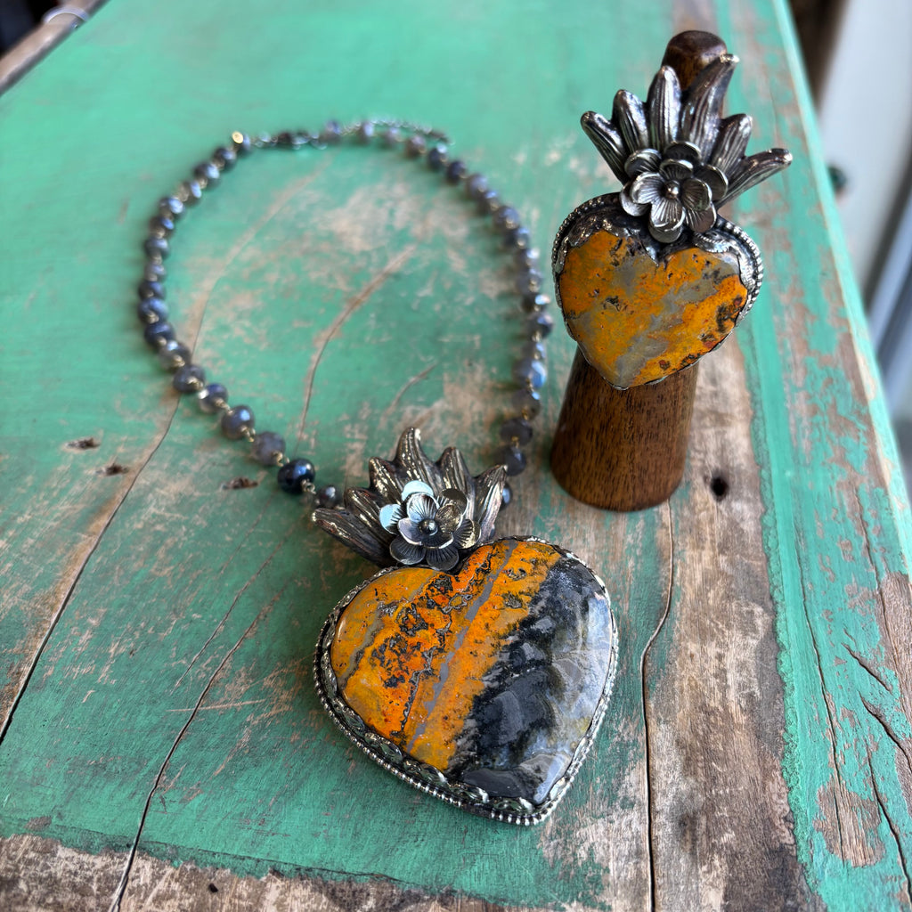Bumble Bee Jasper Flaming Sacred Heart Necklace or Ring