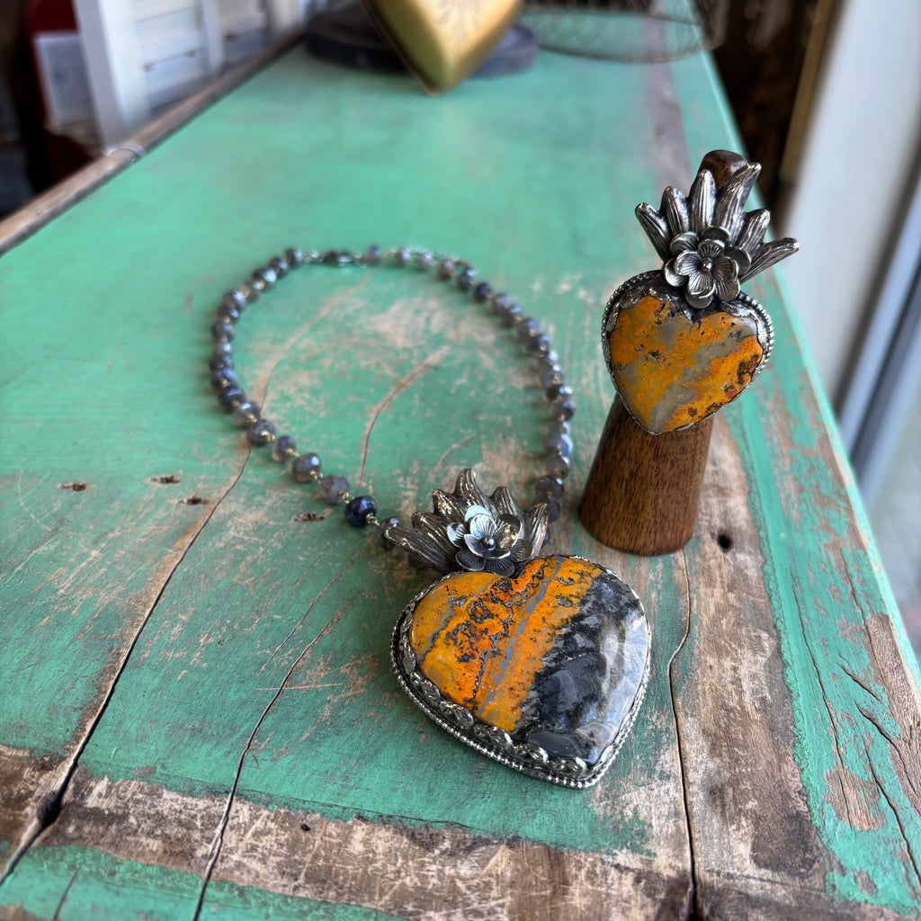 Bumble Bee Jasper Flaming Sacred Heart Necklace or Ring