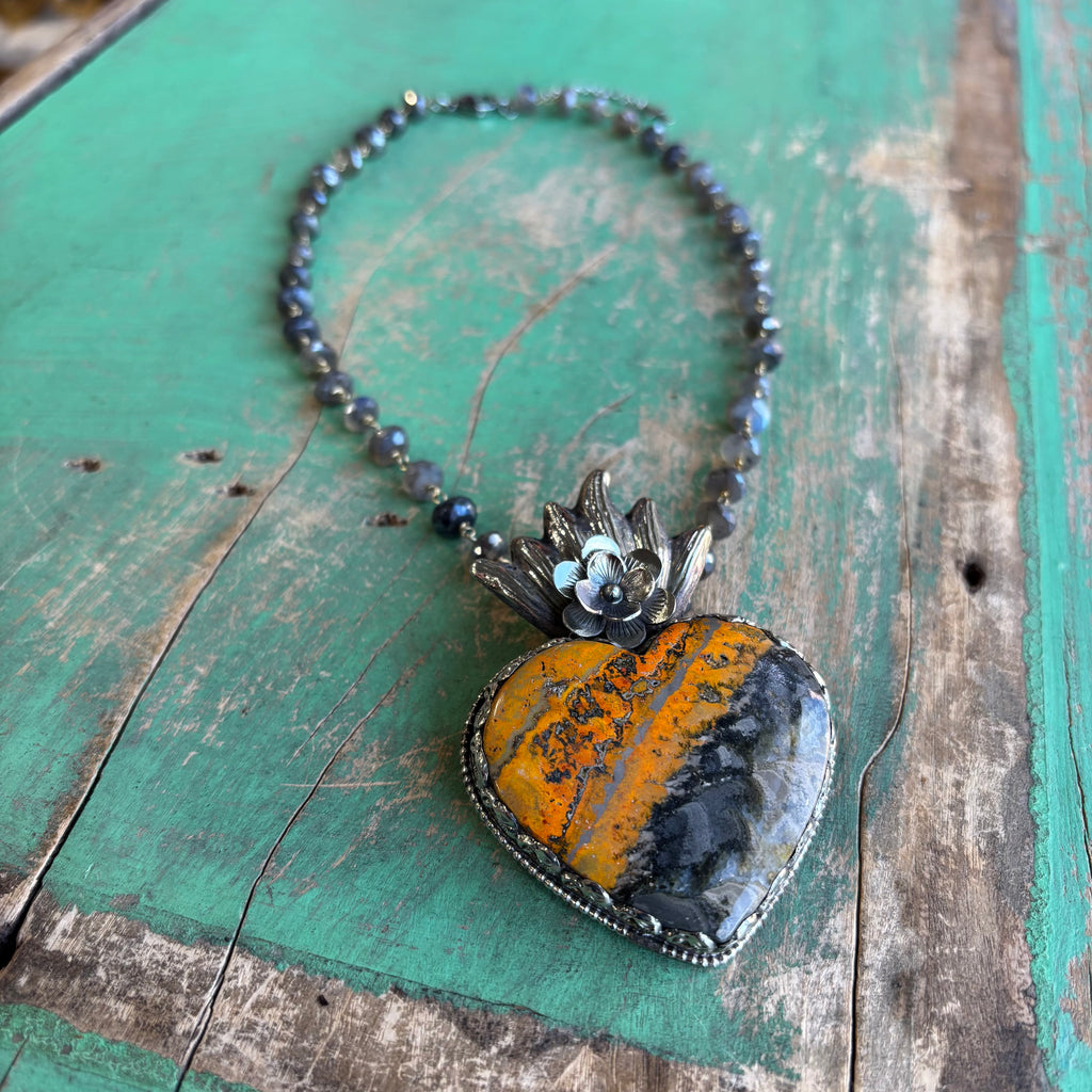 Bumble Bee Jasper Flaming Sacred Heart Necklace or Ring