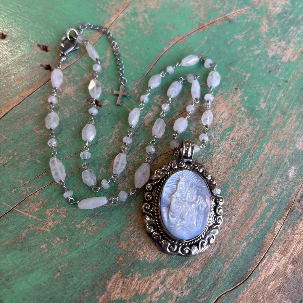 Our Lady of Mt Carmel Mother of  Pearl Necklace or Pendant