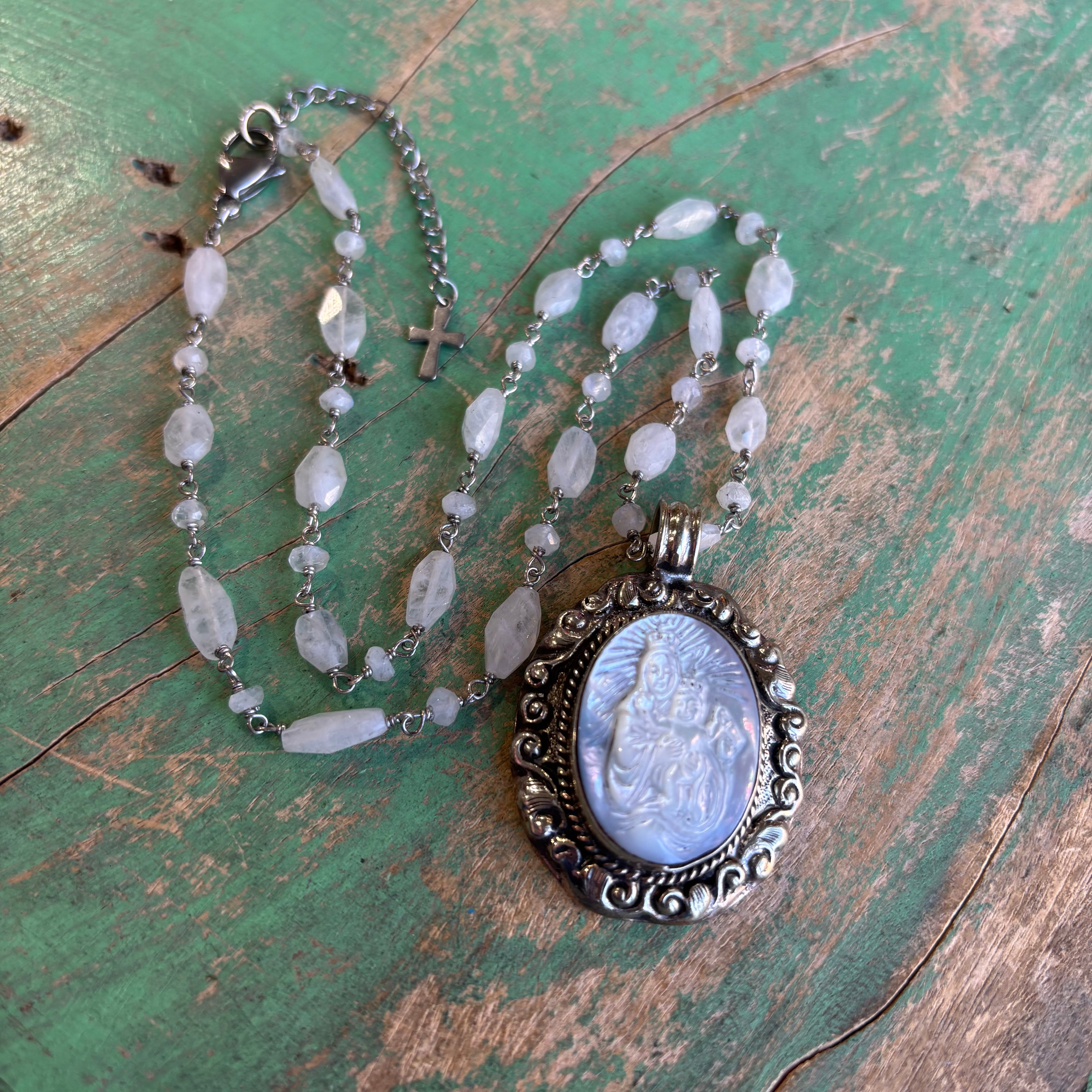 Our Lady of Mt Carmel Mother of  Pearl Necklace or Pendant