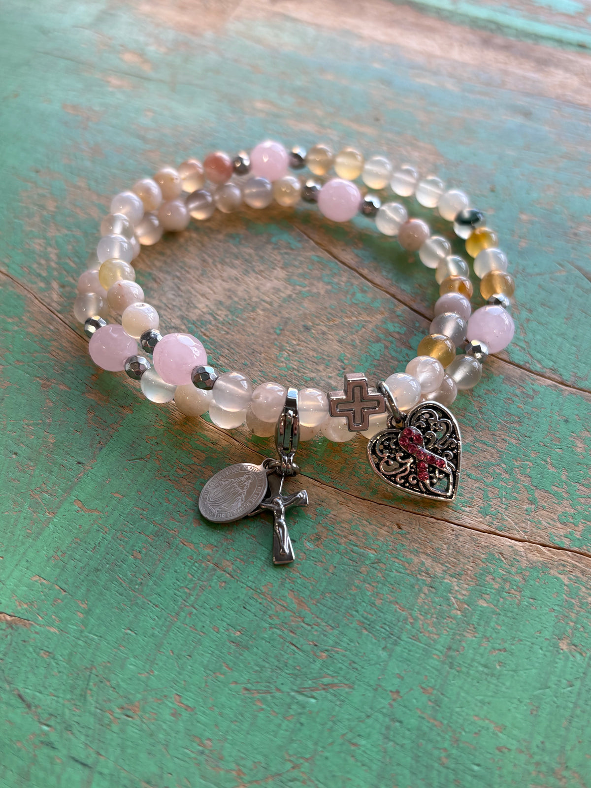 Breast Cancer Awareness Rosary Wrap Bracelet