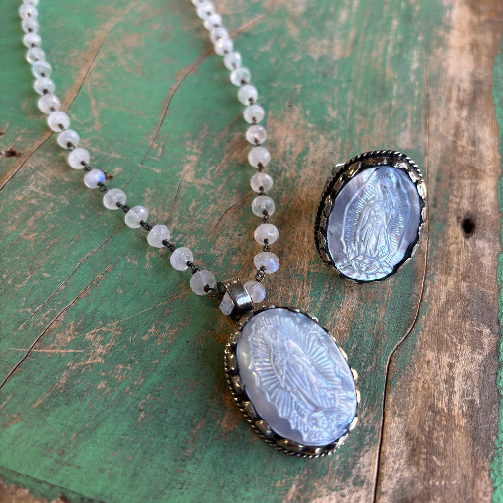 Mother of Pearl Mary Necklace or Ring or Pendant