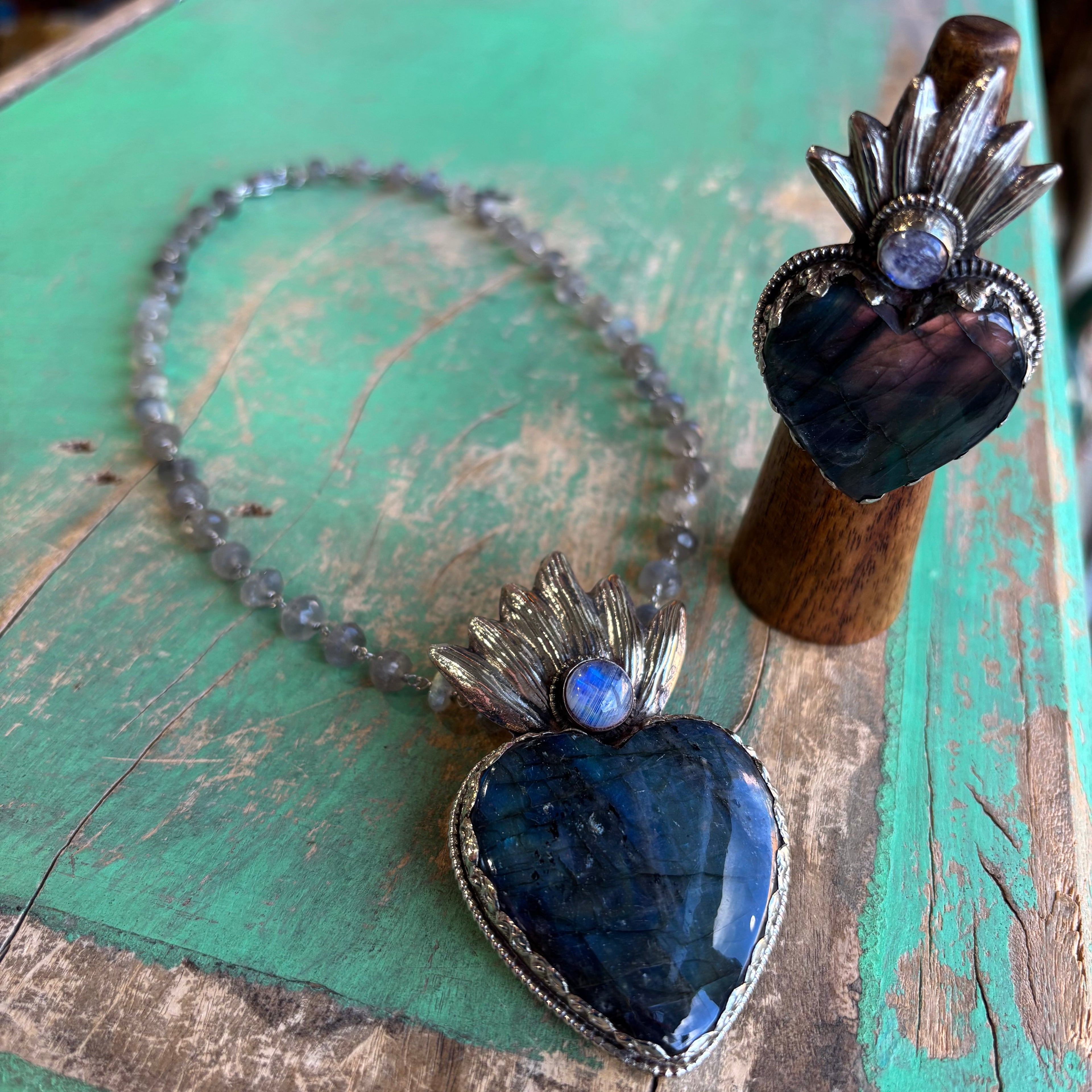 Labradorite Flaming Sacred Heart Necklace or Ring