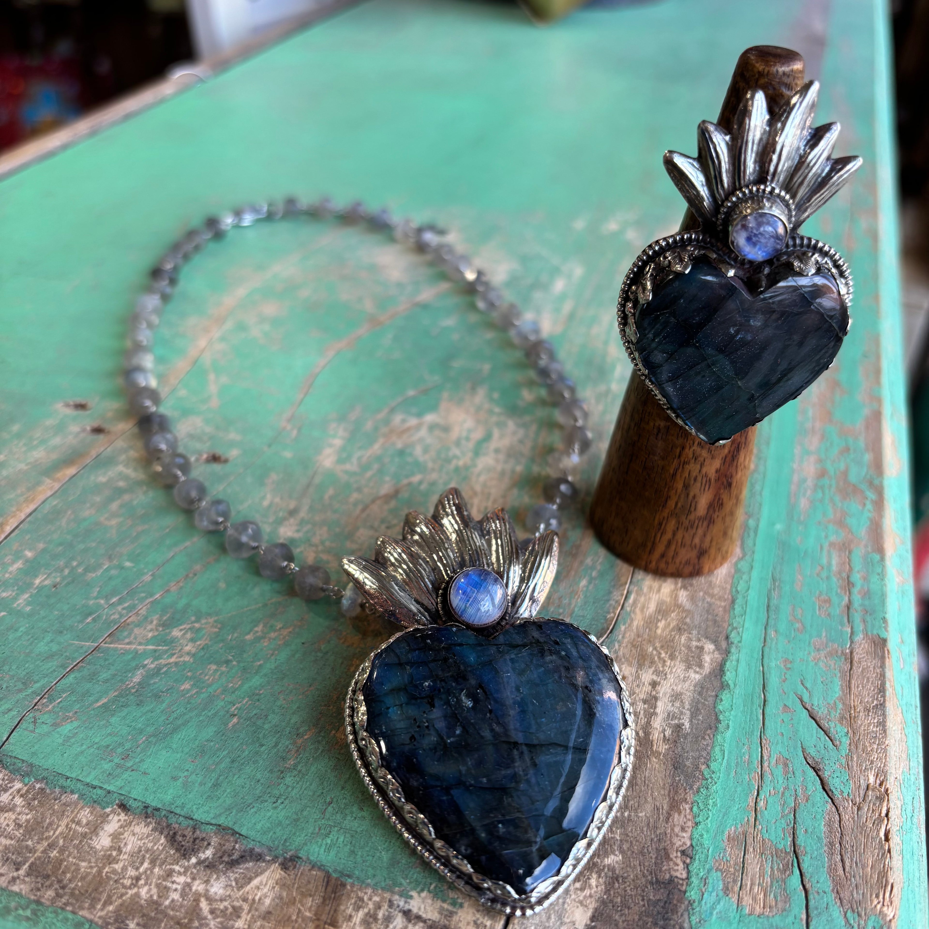 Labradorite Flaming Sacred Heart Necklace or Ring