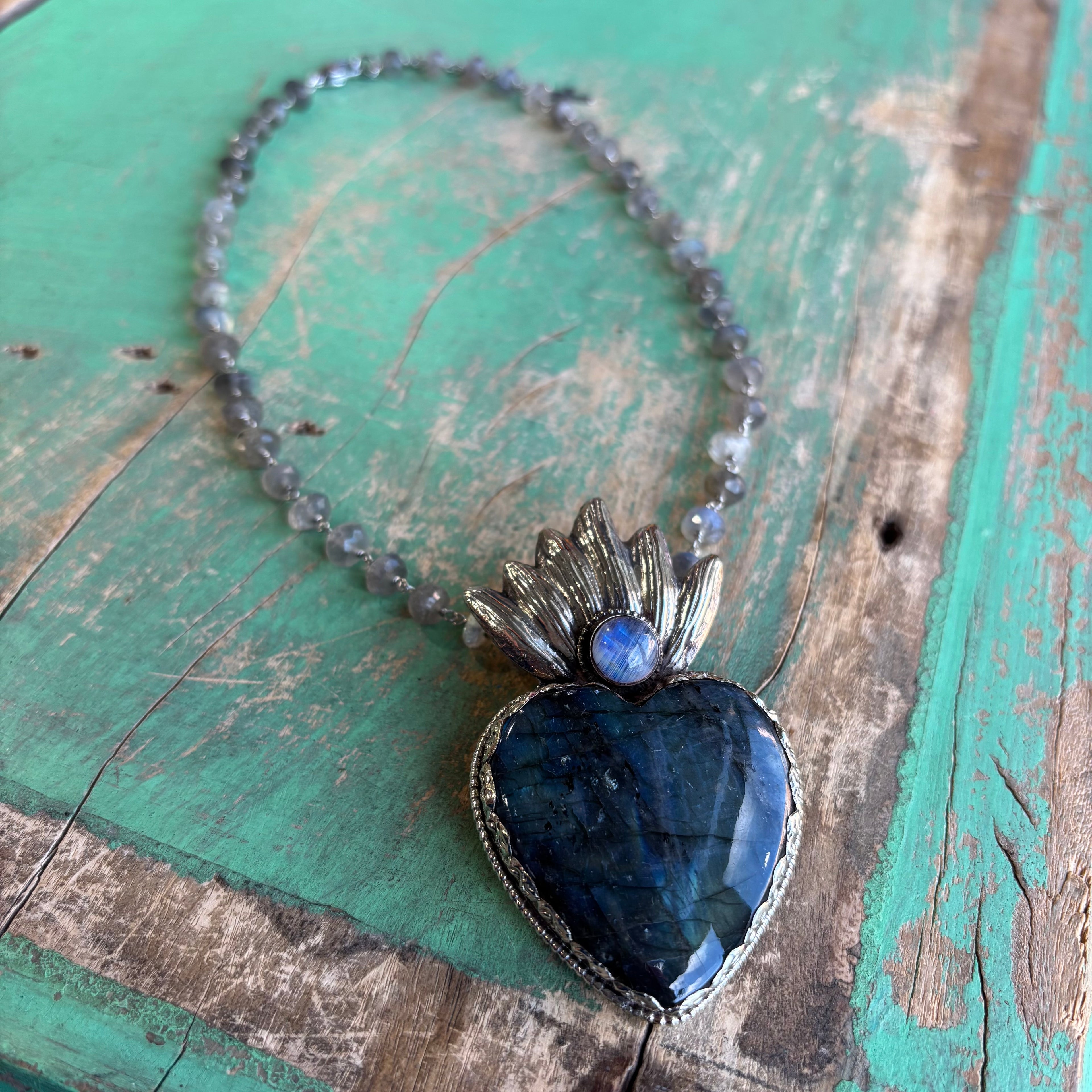 Labradorite Flaming Sacred Heart Necklace or Ring