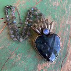 Labradorite Flaming Sacred Heart Necklace or Ring