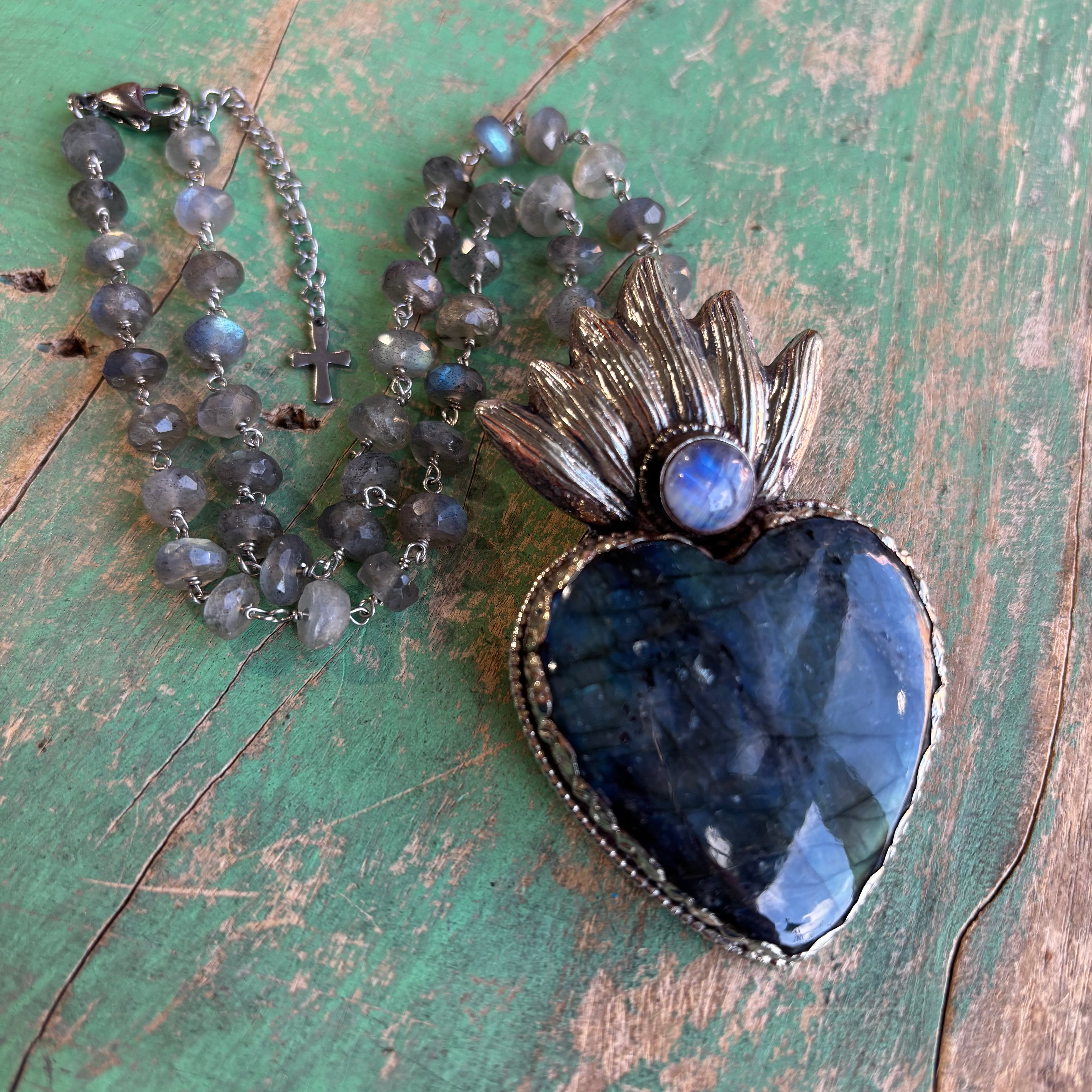 Labradorite Flaming Sacred Heart Necklace or Ring