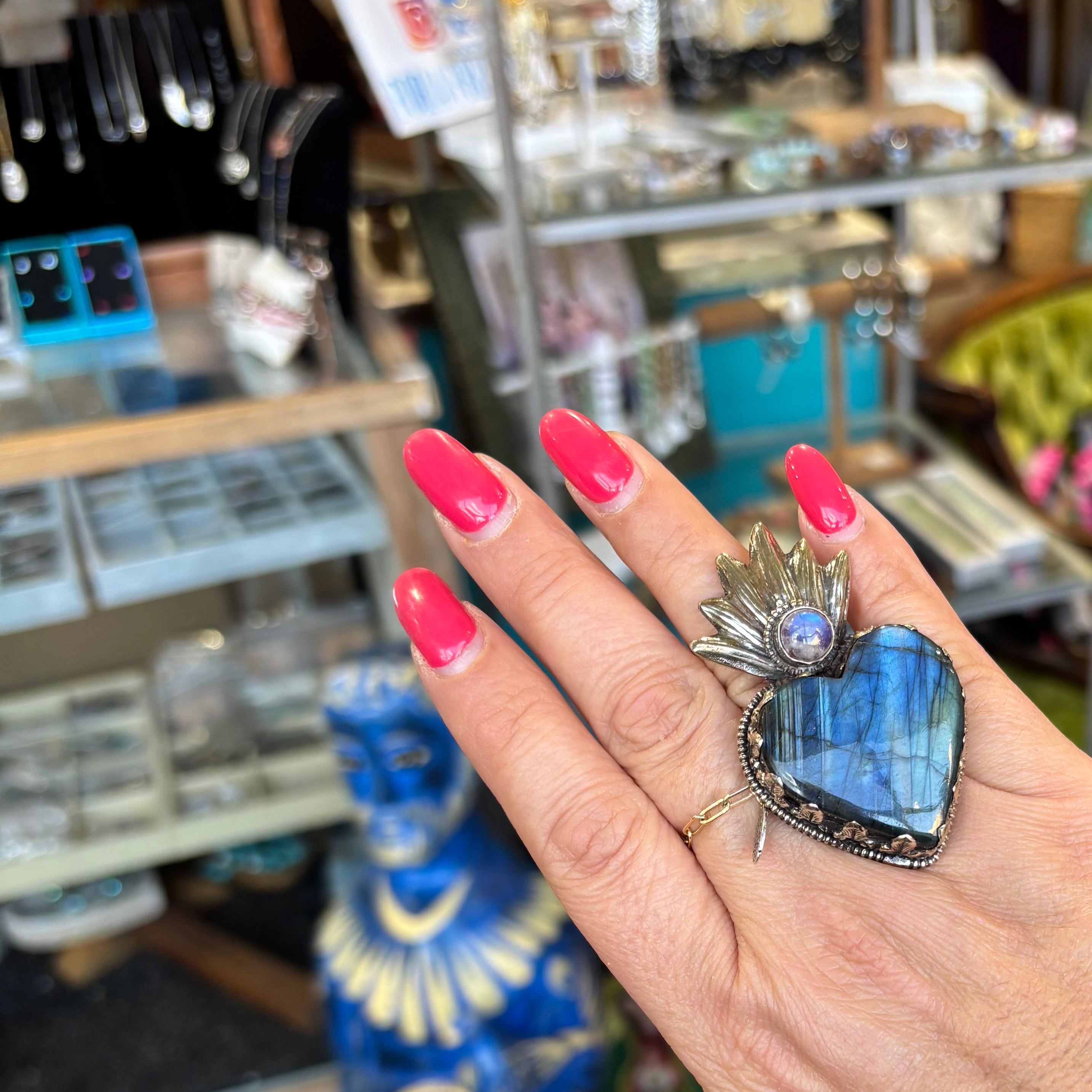 Labradorite Flaming Sacred Heart Necklace or Ring
