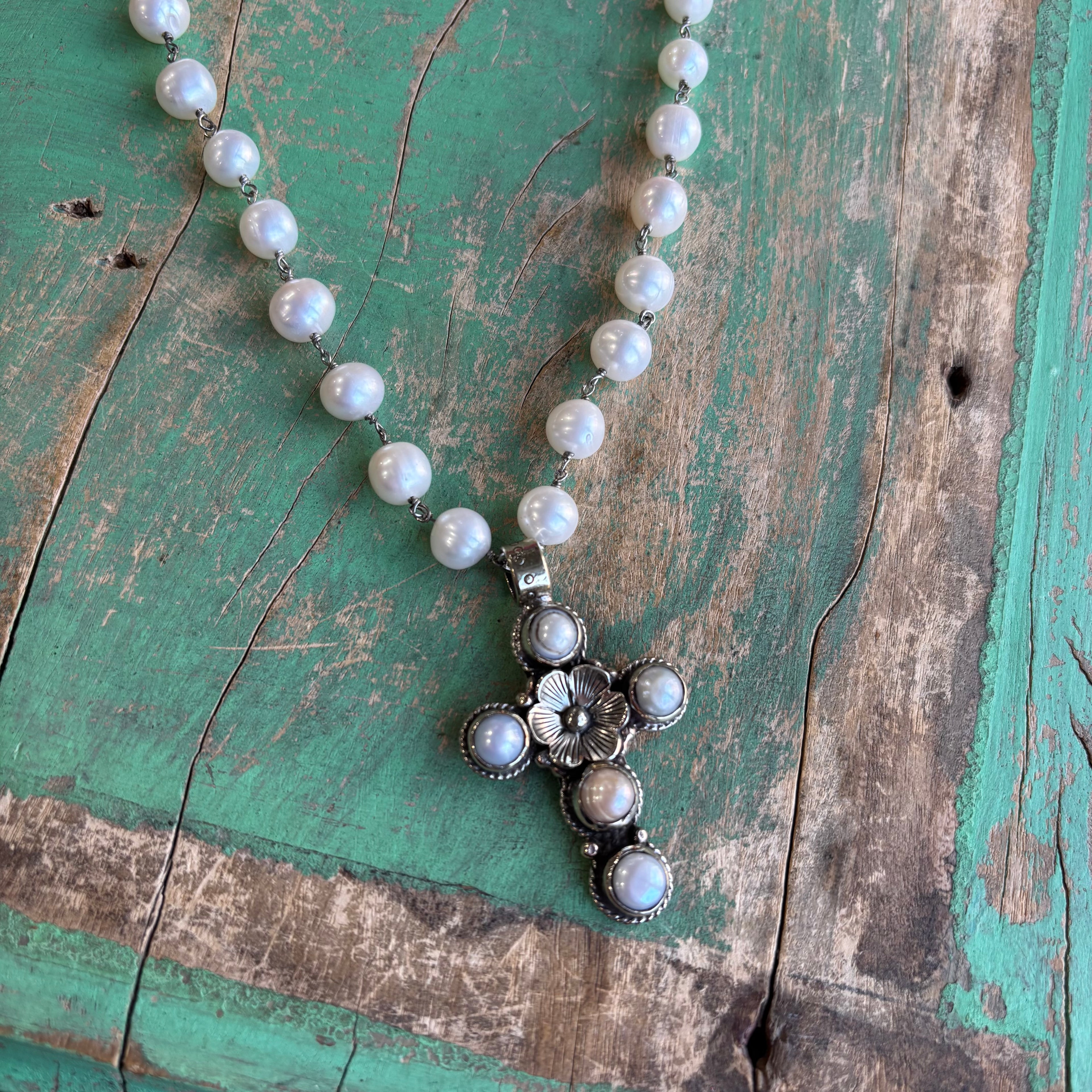 Freshwater Pearl Flower Cross Necklace