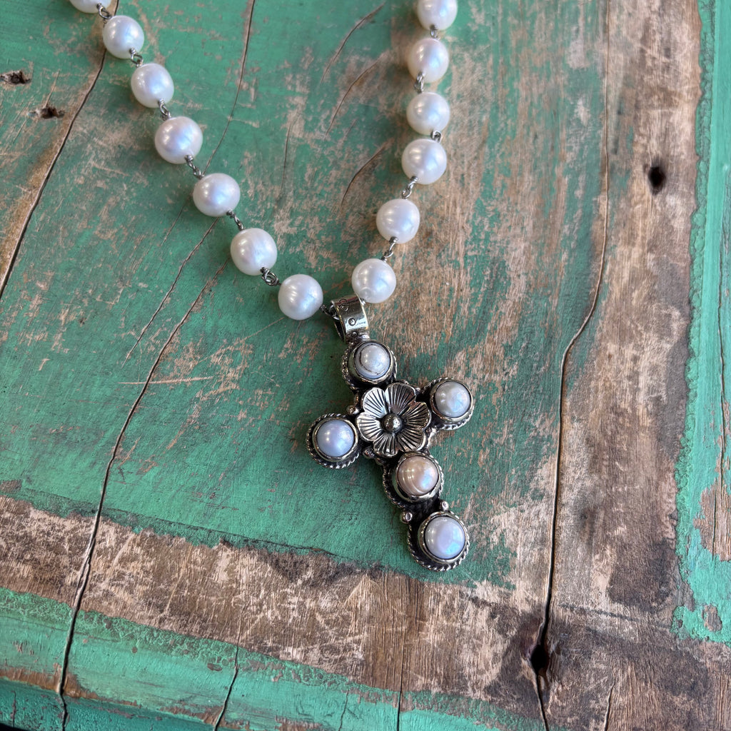 Freshwater Pearl Flower Cross Necklace