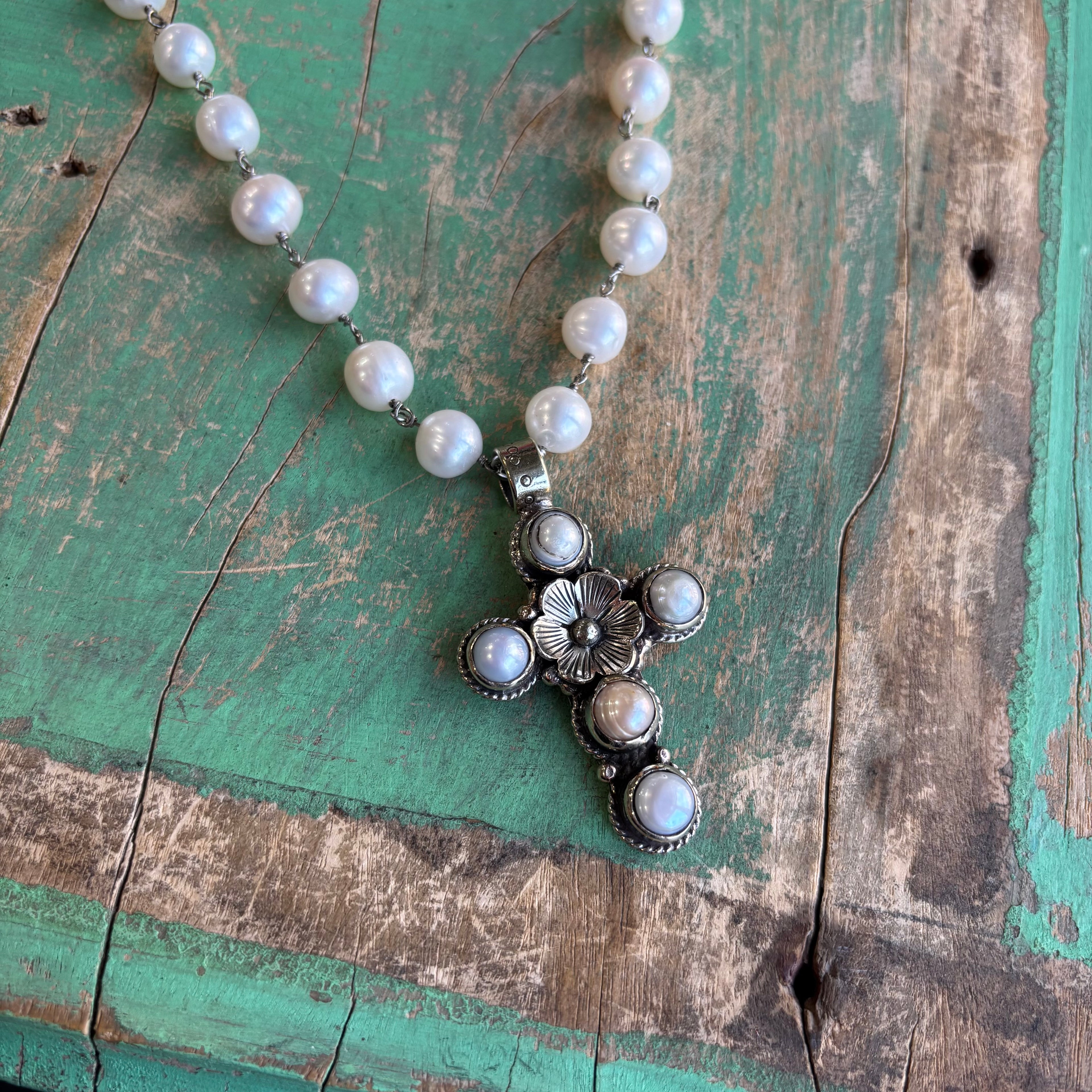 Freshwater Pearl Flower Cross Necklace