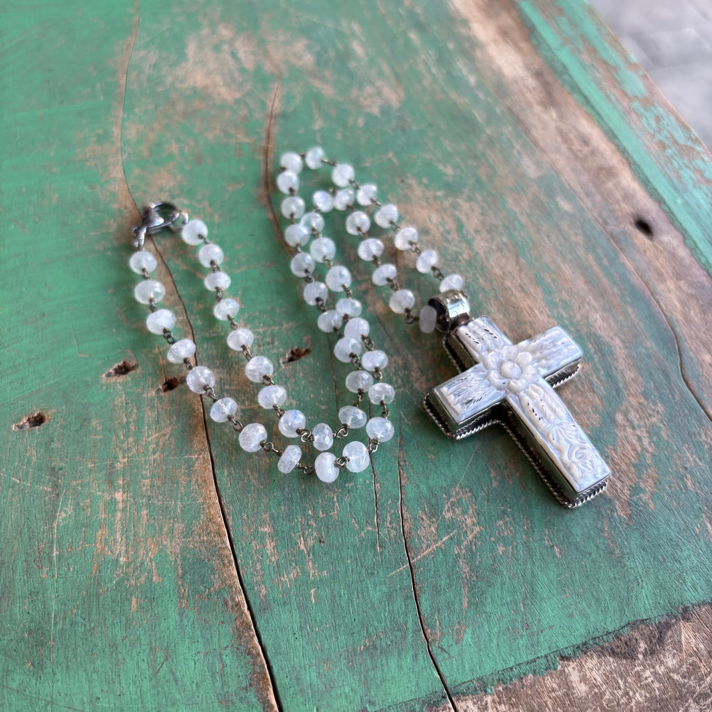Mother of Pearl Flower Cross Shell Necklace or Pendant