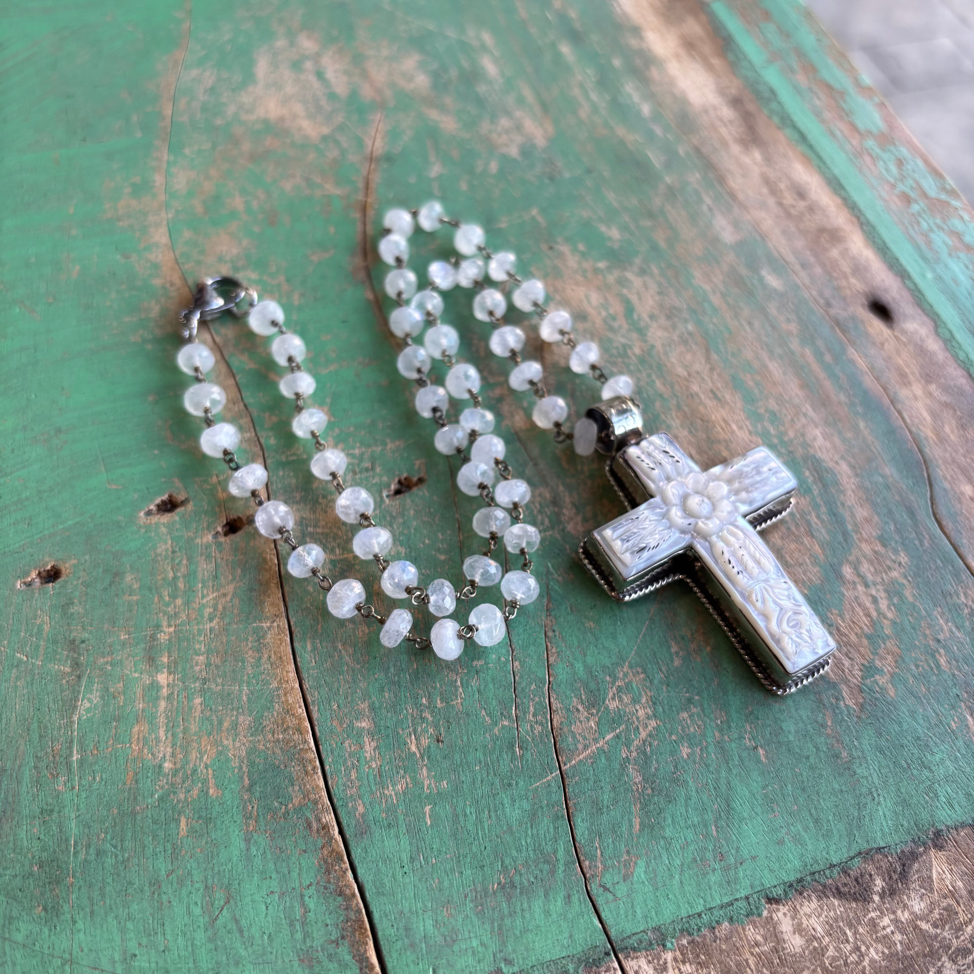 Mother of Pearl Flower Cross Shell Necklace or Pendant