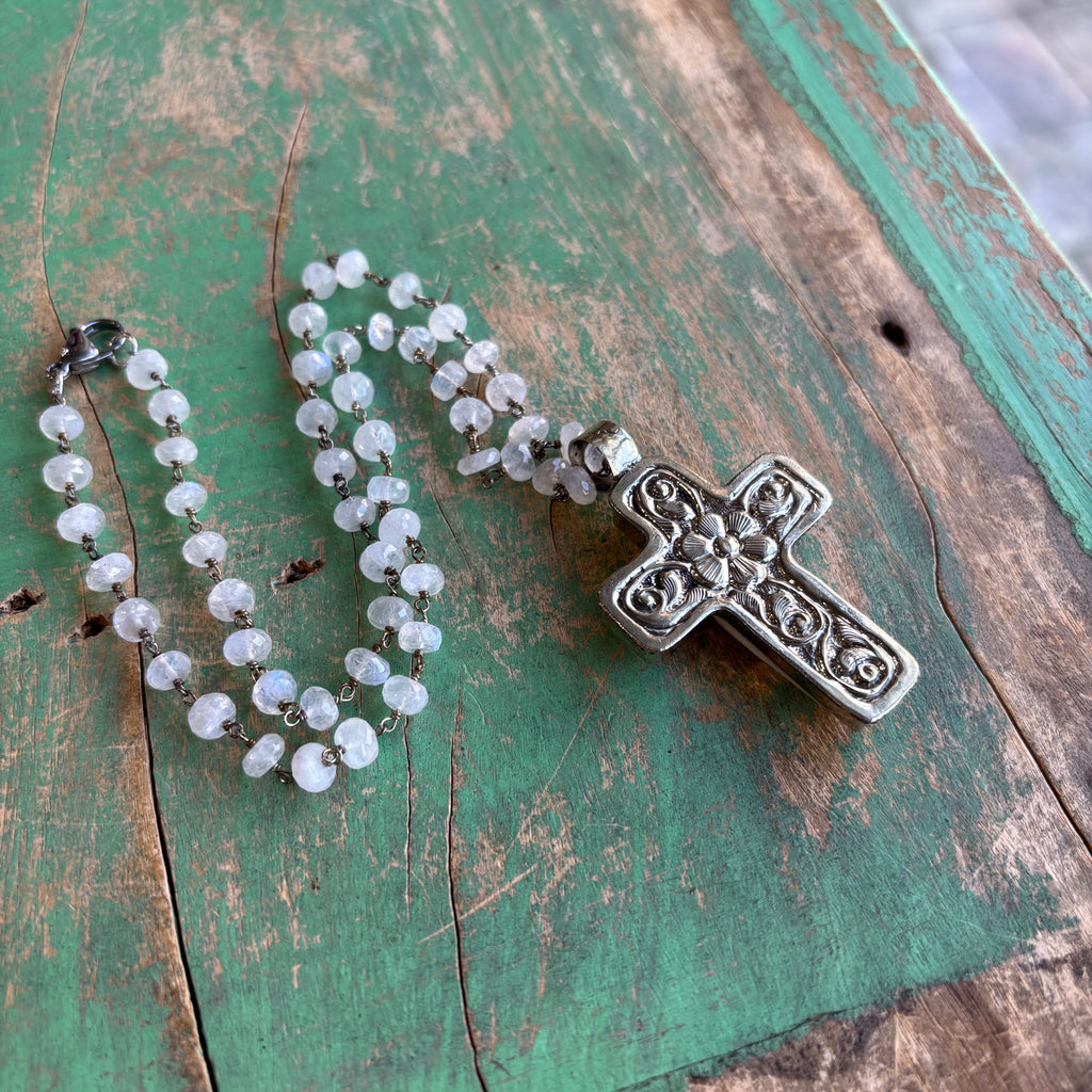 Mother of Pearl Flower Cross Shell Necklace or Pendant