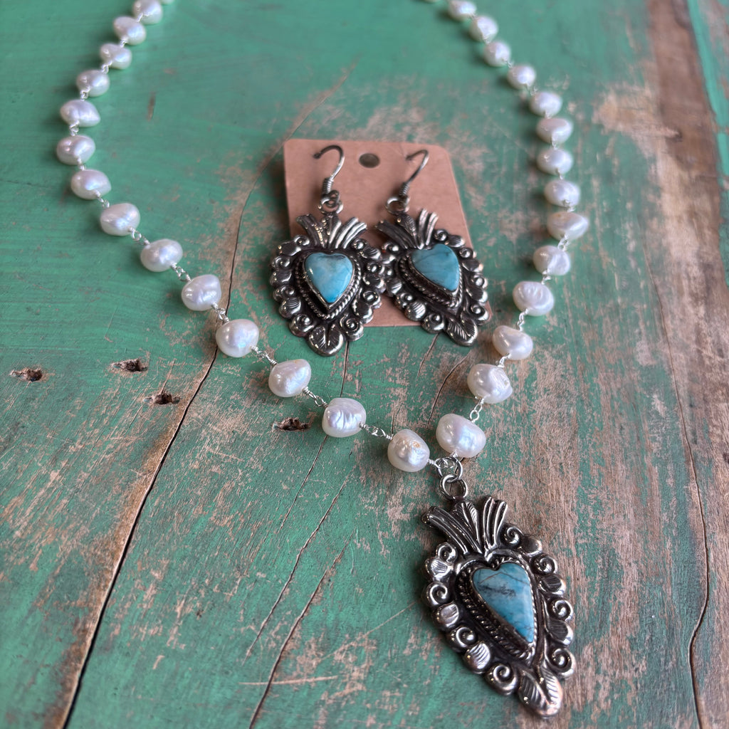 Freshwater Pearl Turquoise Sacred Heart Necklace or Earrings